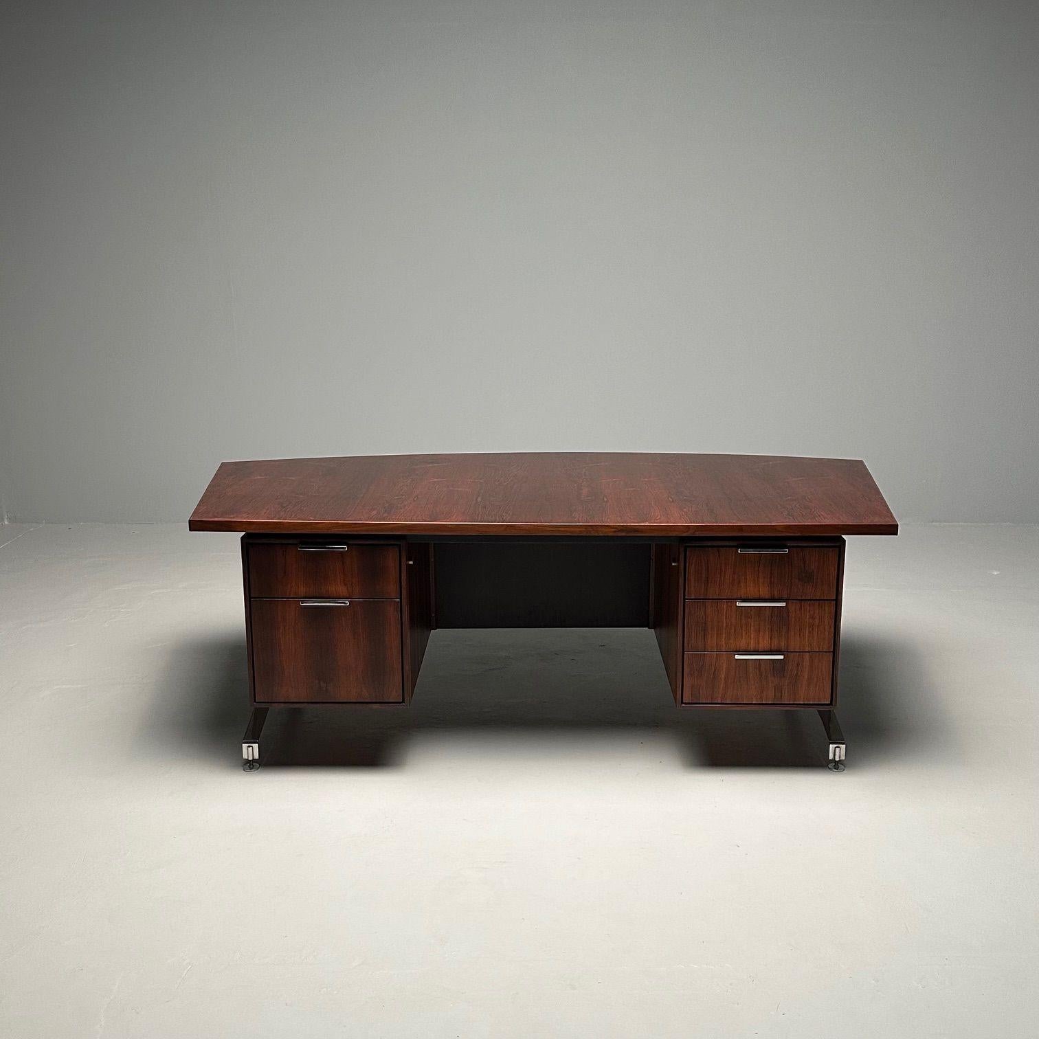 Mid-Century Modern George Nelson Style Partners / Executive Desk, Rosewood/Walnut Fully Refinished. 
 
Fully refinshed American designer partners desk in a gorgeous walnut or rosewood with steel accents. This palatial desk has three drawers on the