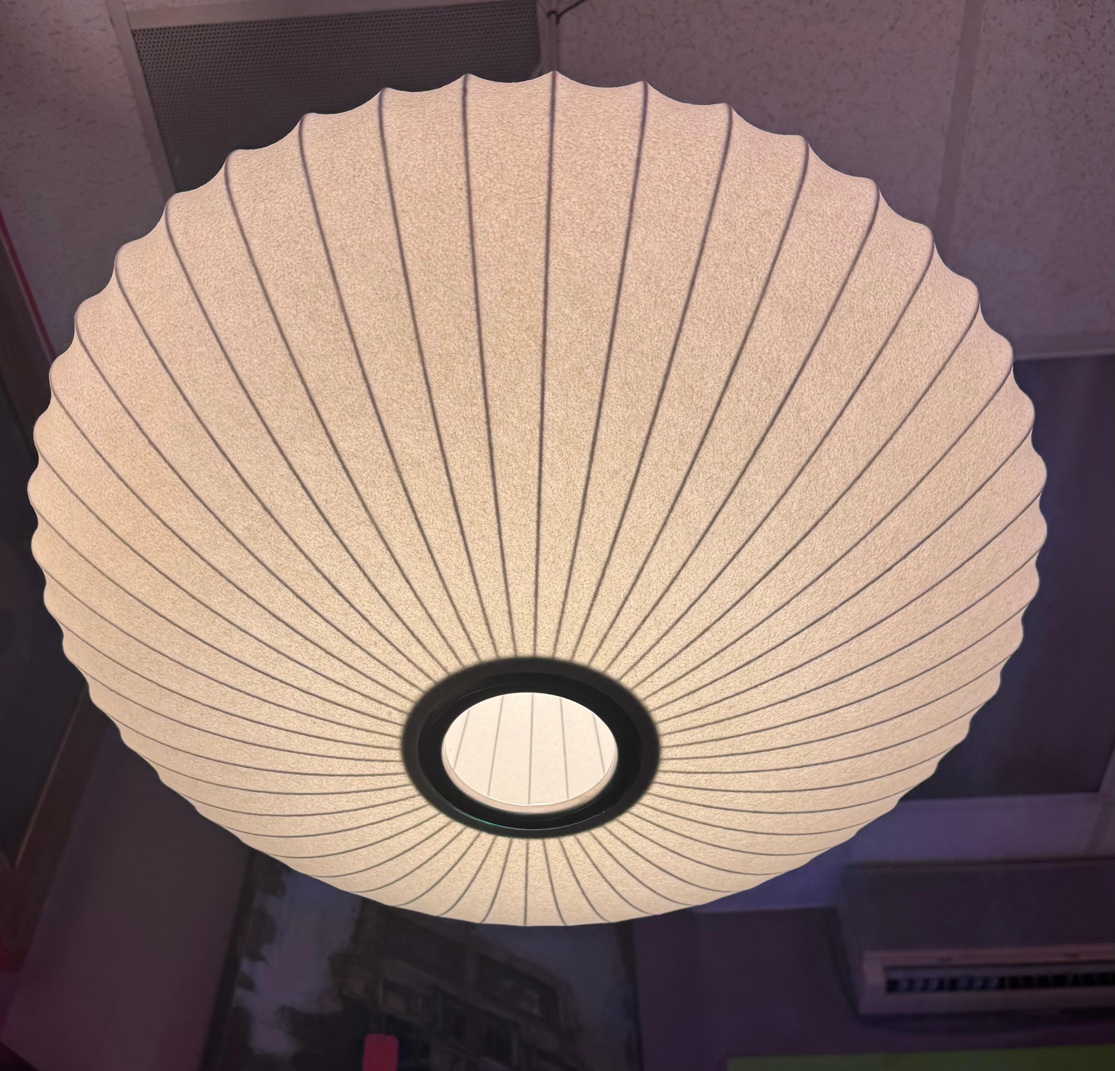 Mid Century Modern George Nelson Style Small Atomic Hanging Saucer Bubble Lamp

George Nelson designed the first bubble lamps in 1947. These lamps, with their simple sculptural shapes, were constructed of an innovative taut plastic that coated a