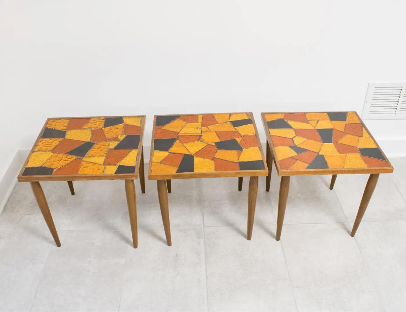 Mid-Century Modern Georges Briard Mosaic Glass Wooden Side Table Set, 3 pieces For Sale 5
