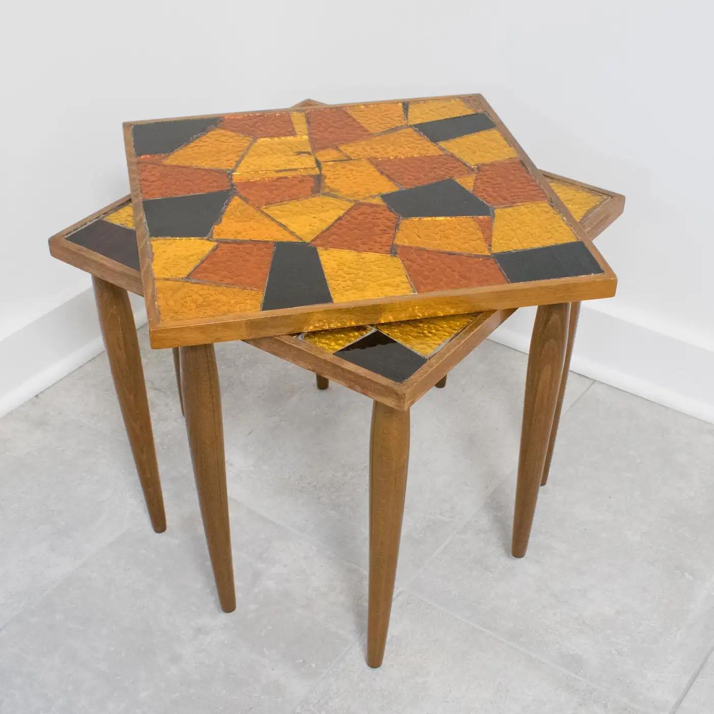 Mid-Century Modern Georges Briard Mosaic Glass Wooden Side Table Set, 3 pieces For Sale 6