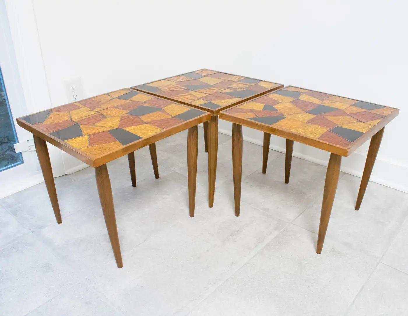 Mid-Century Modern Georges Briard Mosaic Glass Wooden Side Table Set, 3 pieces In Good Condition For Sale In Atlanta, GA