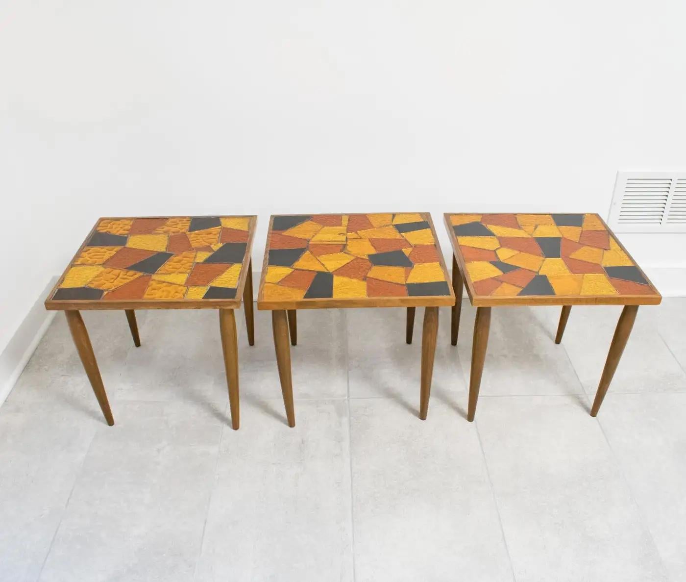 Mid-Century Modern Georges Briard Mosaic Glass Wooden Side Table Set, 3 pieces For Sale 1