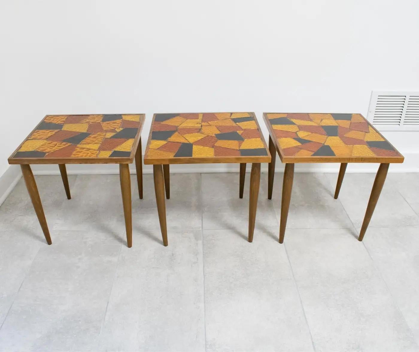 Mid-Century Modern Georges Briard Mosaic Glass Wooden Side Table Set, 3 pieces For Sale 4