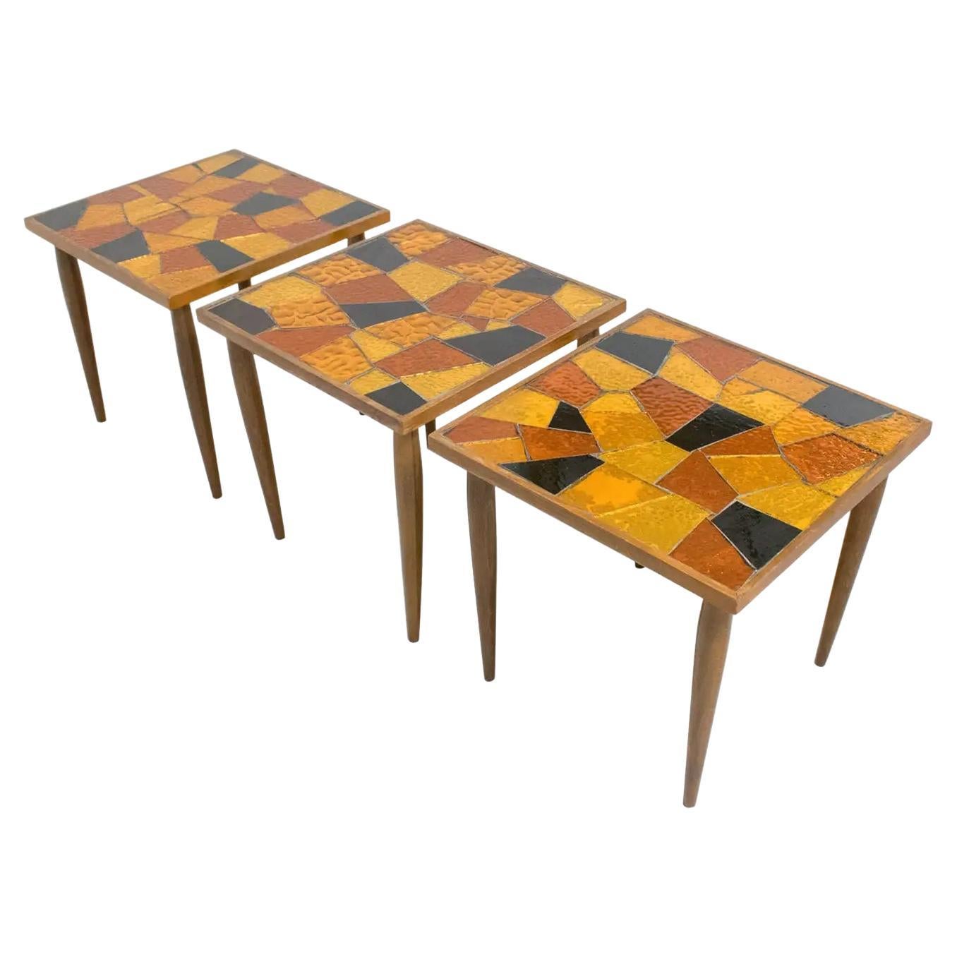 Mid-Century Modern Georges Briard Mosaic Glass Wooden Side Table Set, 3 pieces For Sale