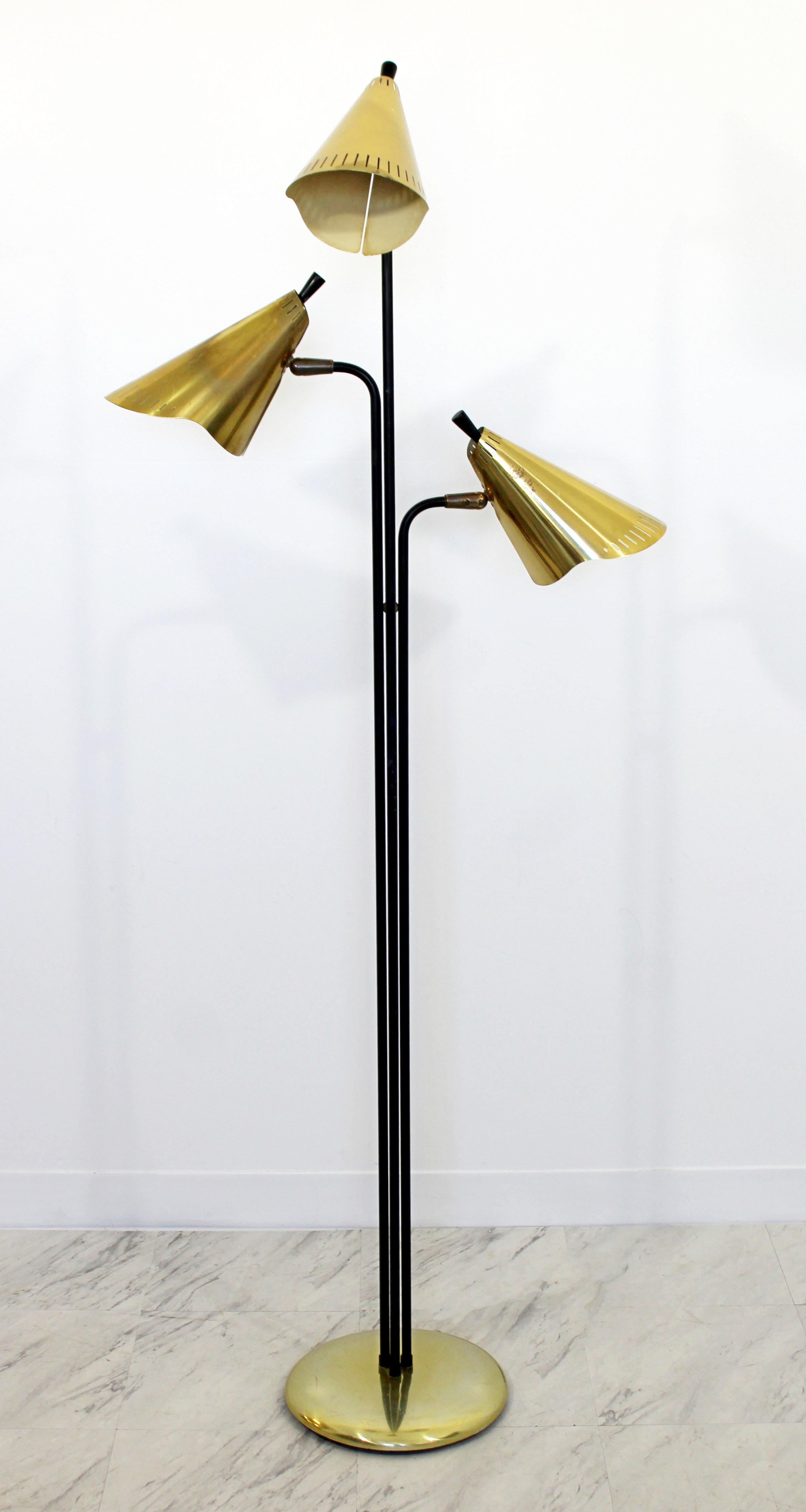 American Mid-Century Modern Gerald Thurston Lightolier 3 Headed Brass Floor Lamp, 1960s