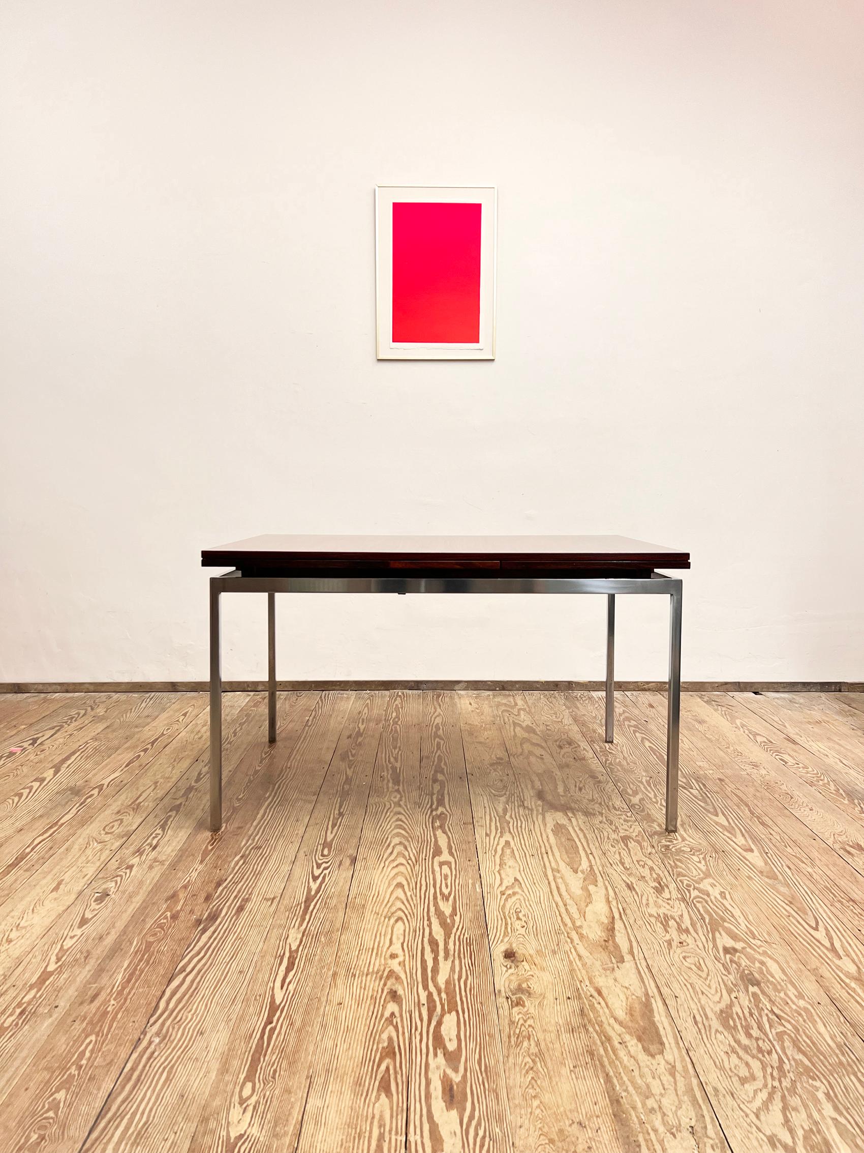 Hand-Carved Mid-Century Modern German Extendable Dining Table in Rosewood with Chrome Frame