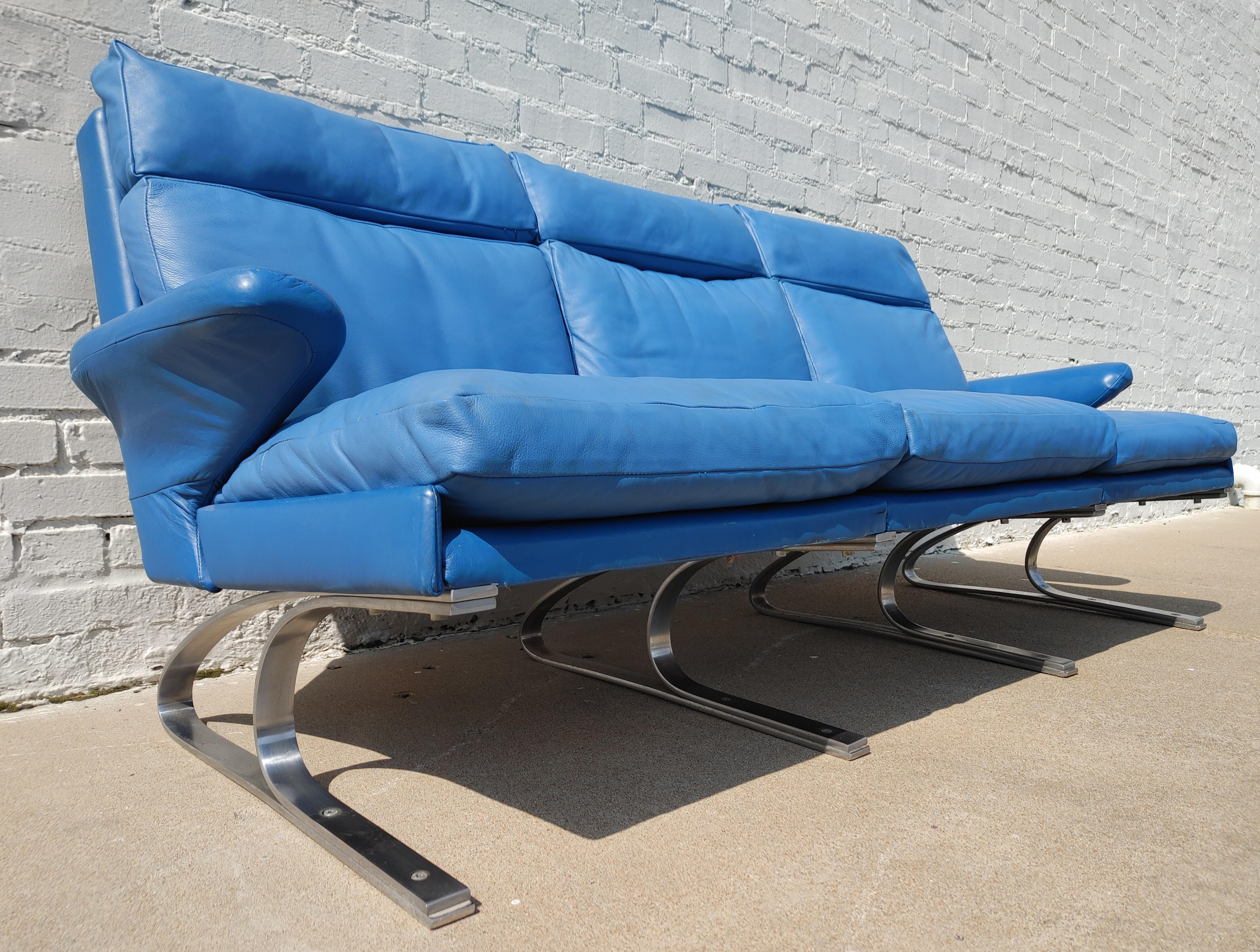 Mid Century Modern German Leather and Stainless Steel Sofa For Sale 5