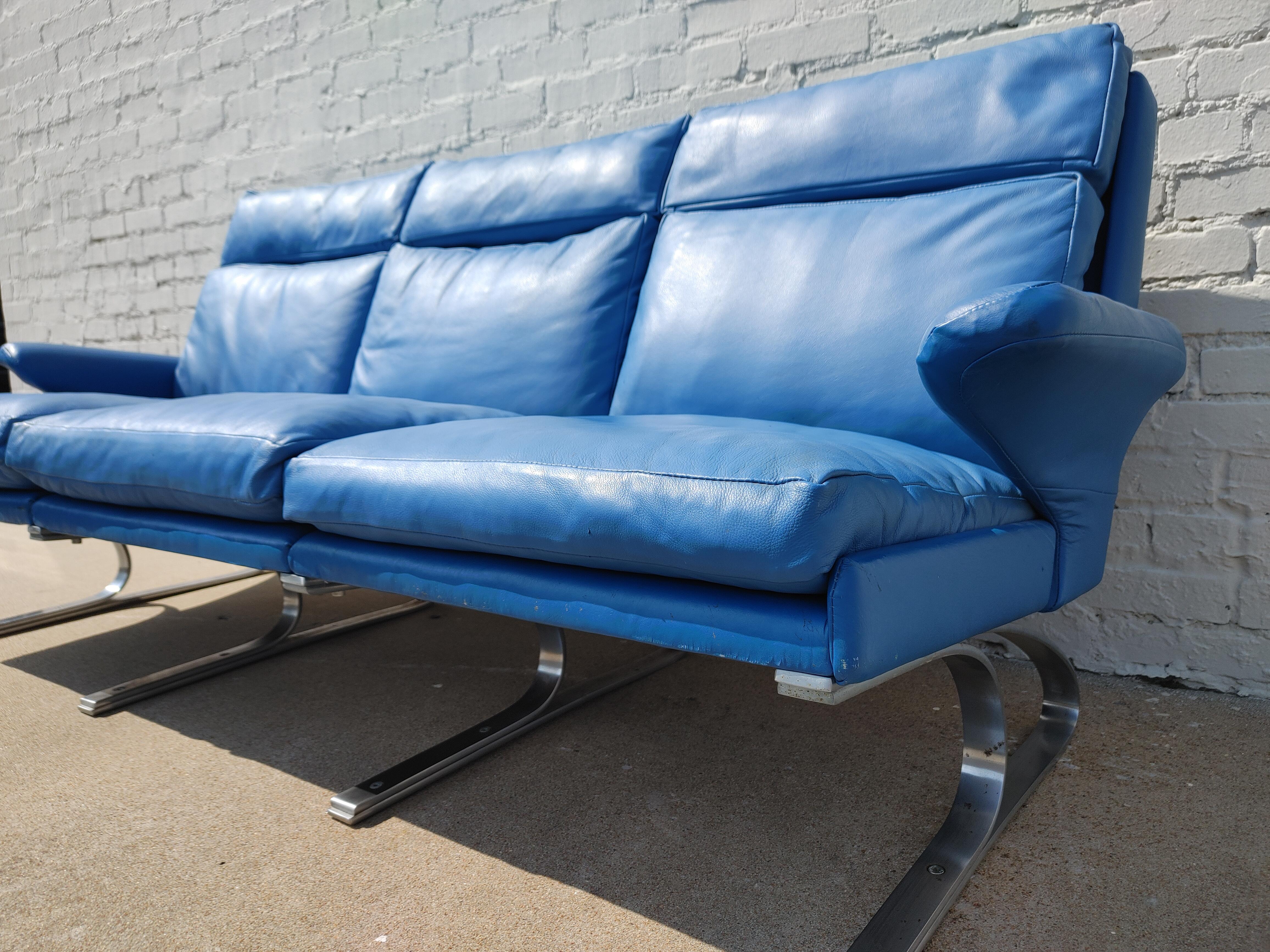 Mid Century Modern German Leather and Stainless Steel Sofa For Sale 8