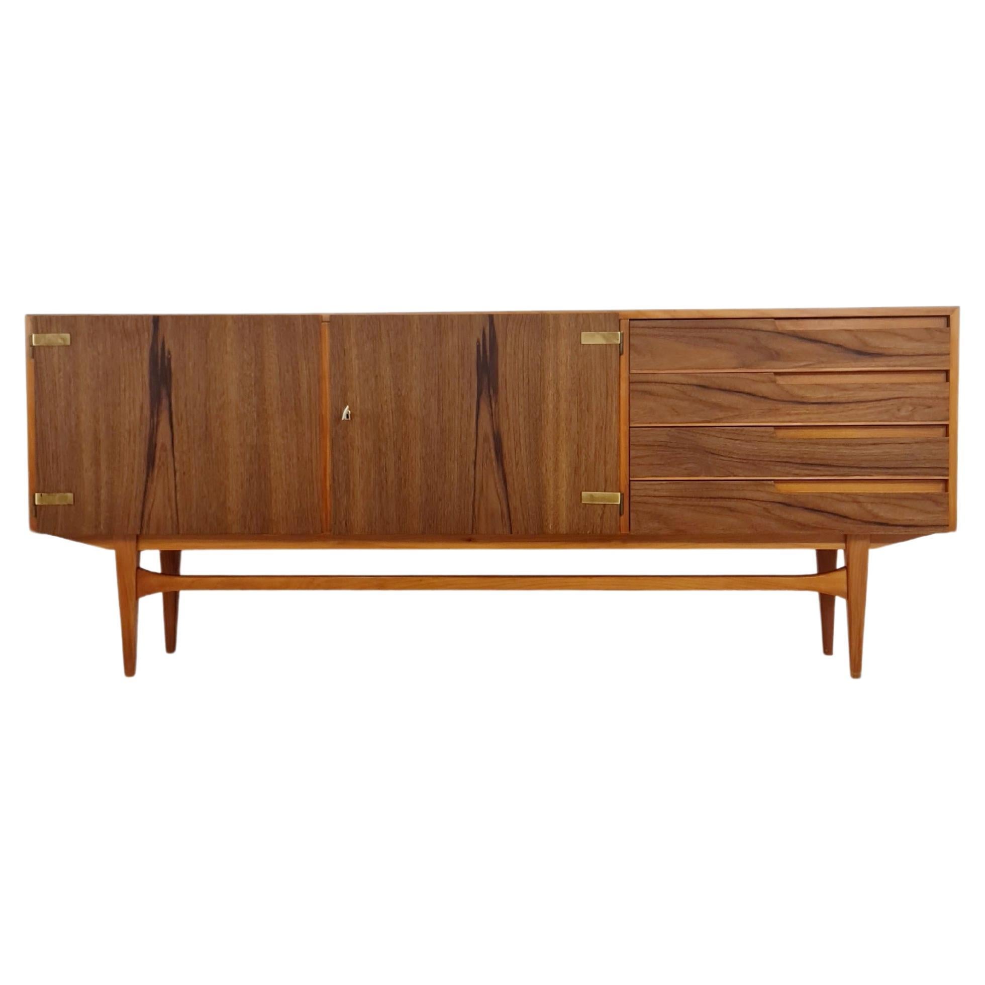 Mid Century Modern German Rare sideboard teak, elm & brass by D. Waldmann, 1960s For Sale