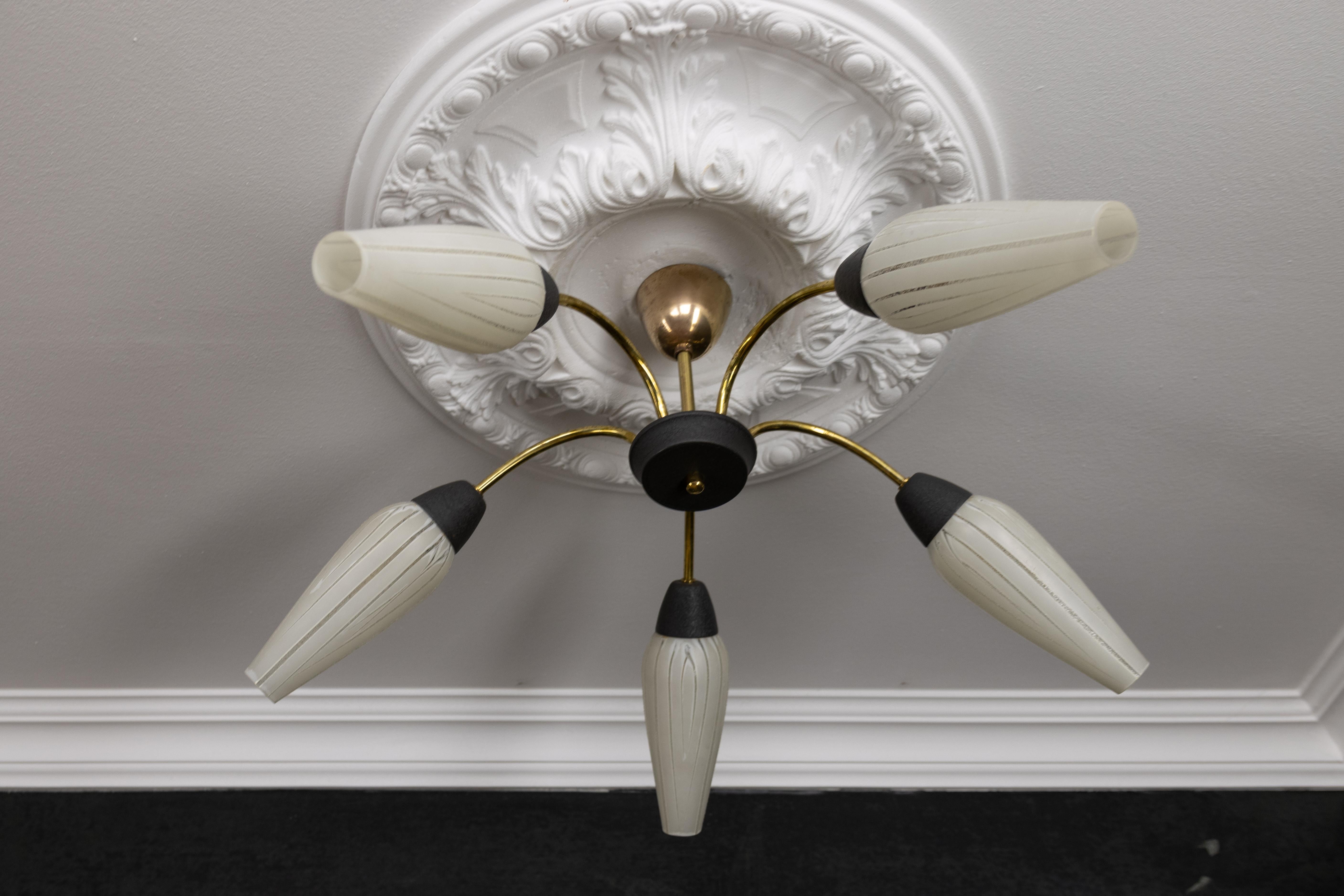Mid-Century Modern German Sputnik Chandelier in Brass and White Glass, 1950s For Sale 5