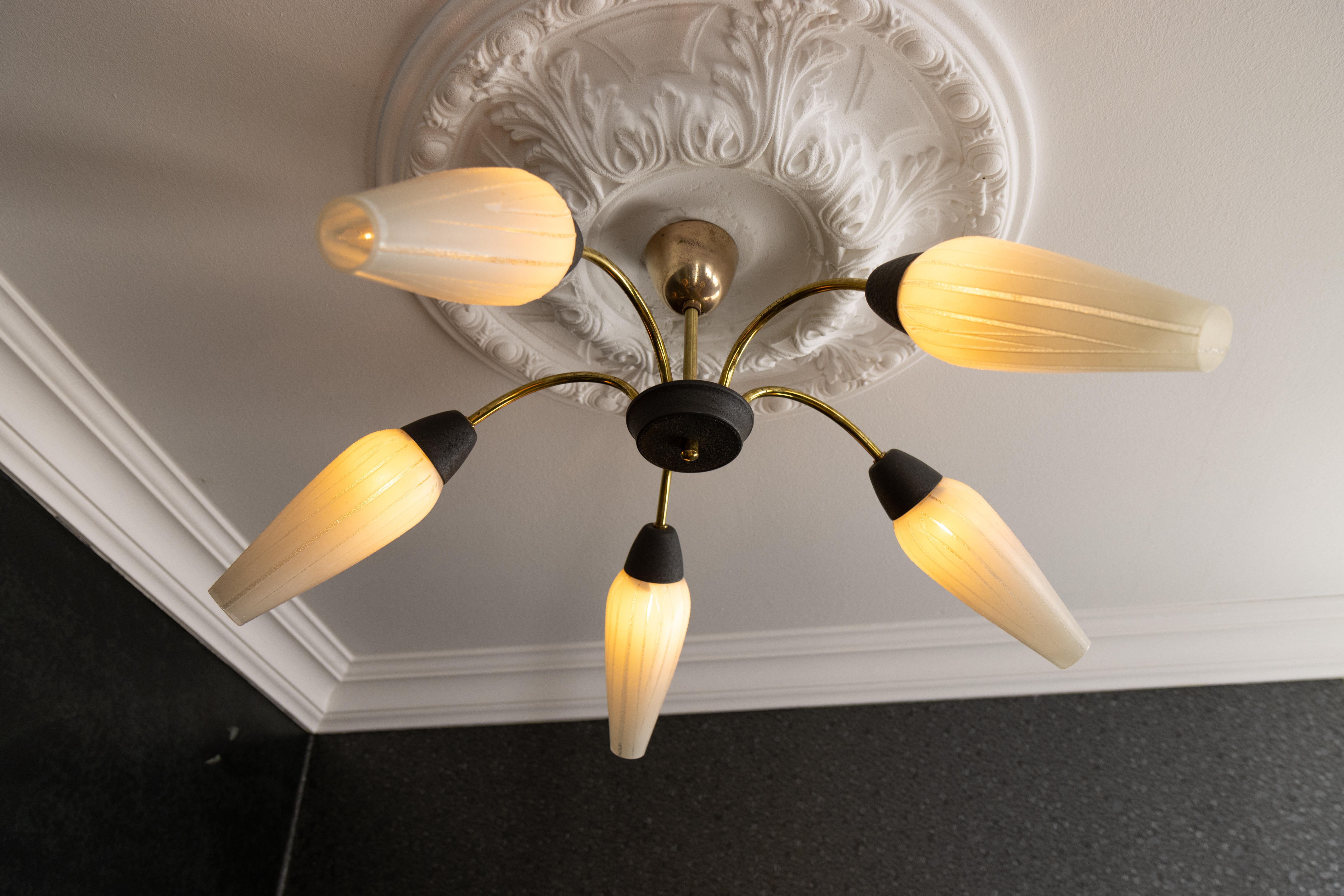 Mid-Century Modern German Sputnik Chandelier in Brass and White Glass, 1950s For Sale 6