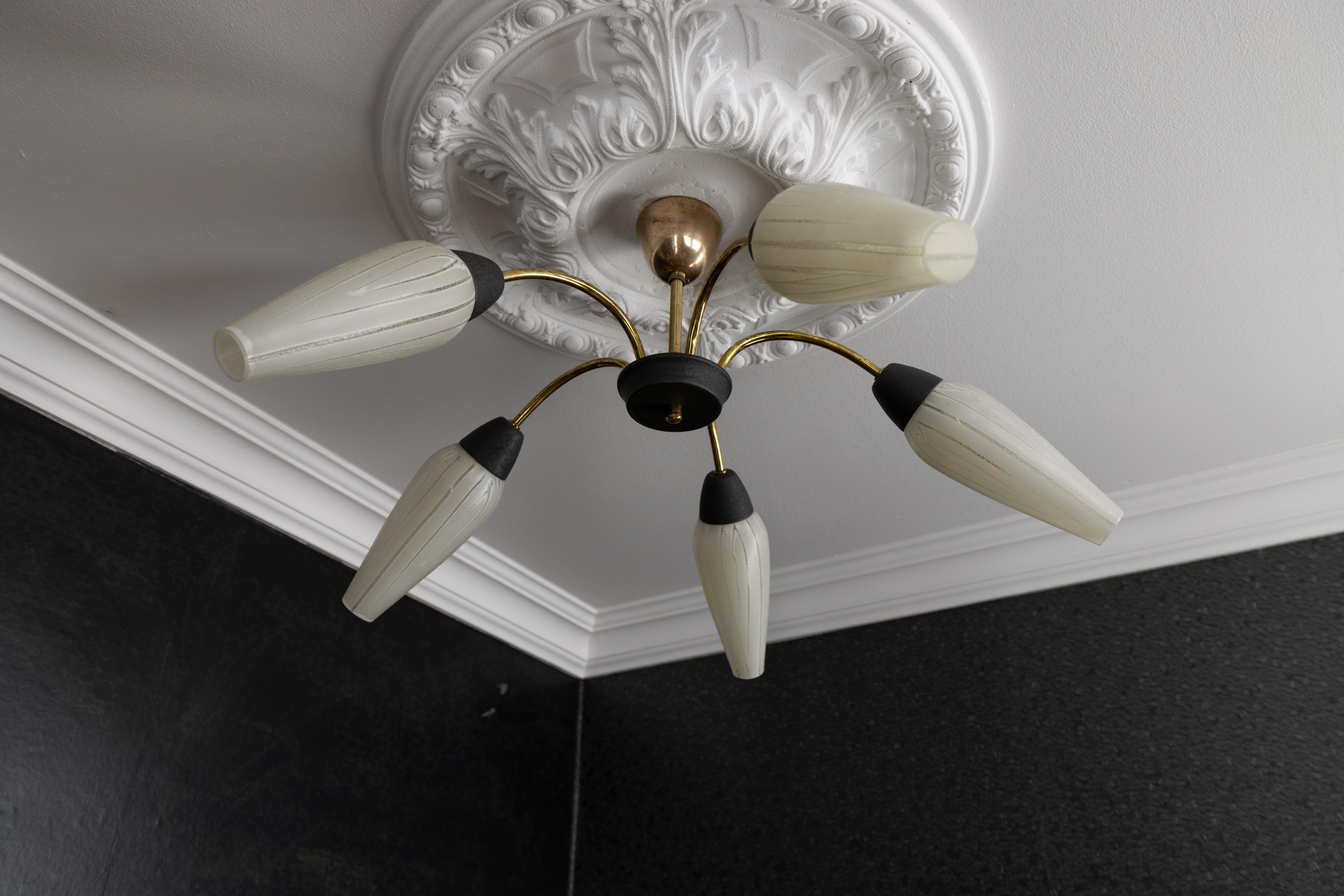 Mid-Century Modern German Sputnik Chandelier in Brass and White Glass, 1950s For Sale 7