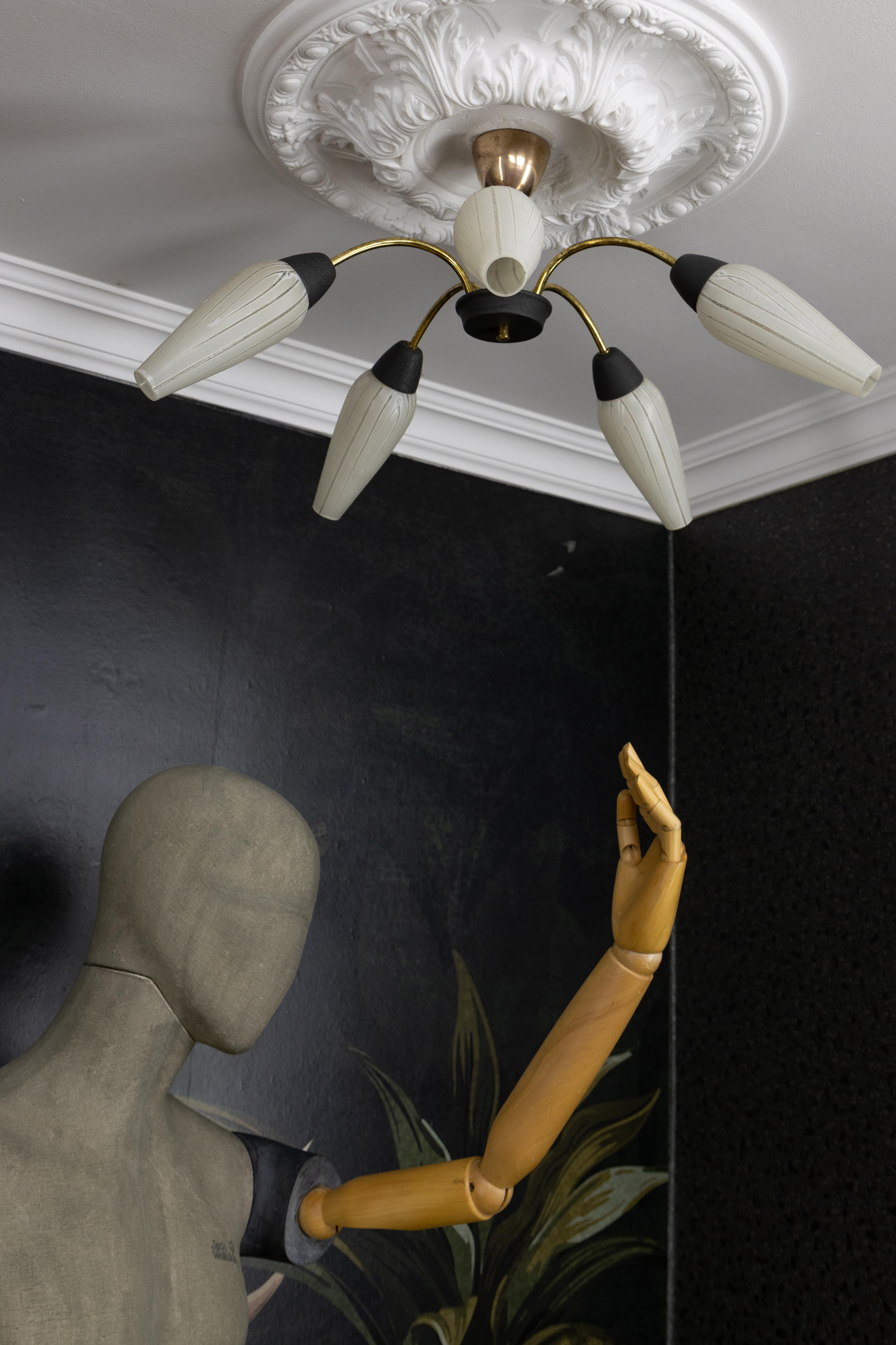 Mid-Century Modern German Sputnik Chandelier in Brass and White Glass, 1950s For Sale 8