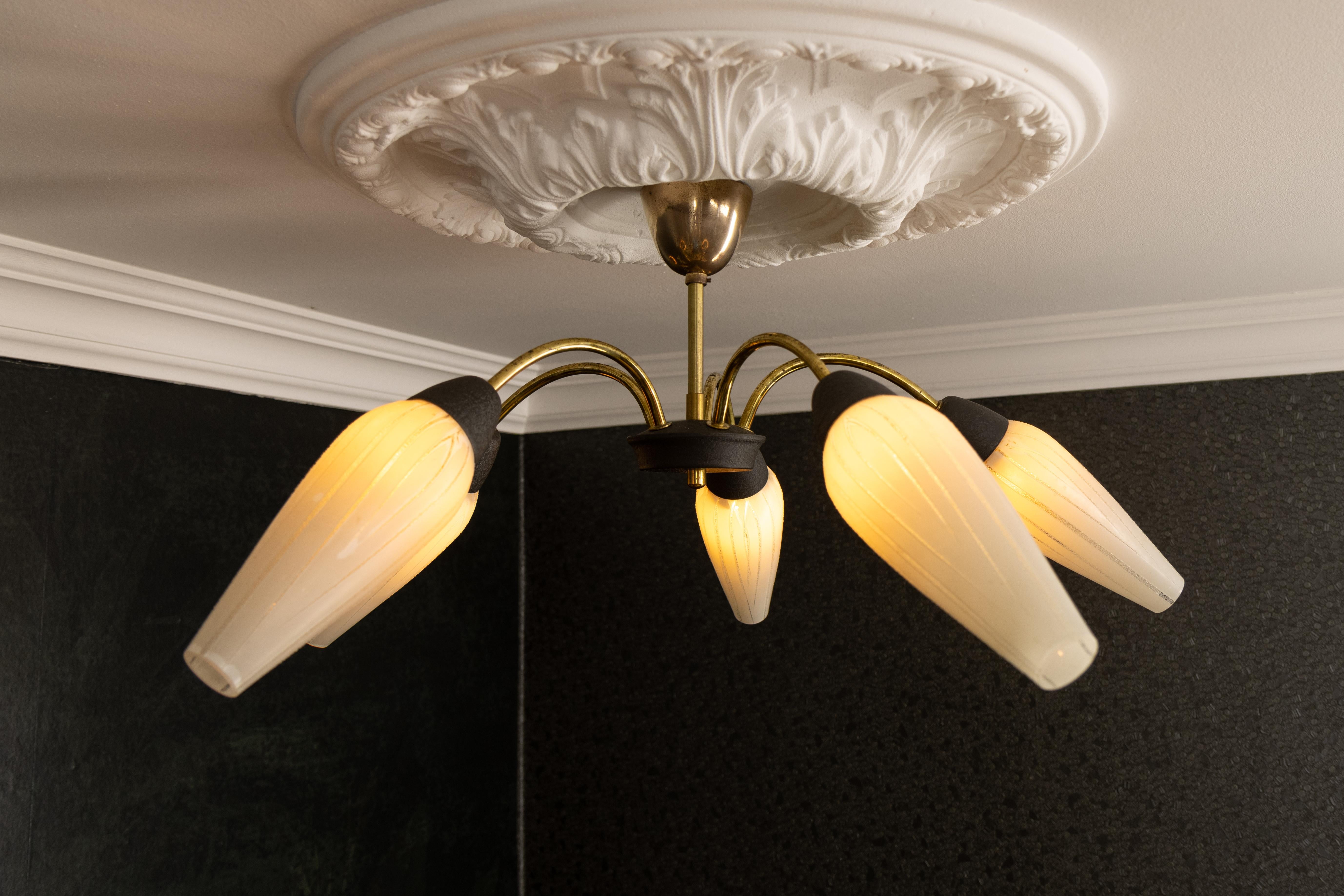 Mid-Century Modern German Sputnik Chandelier in Brass and White Glass, 1950s For Sale 9
