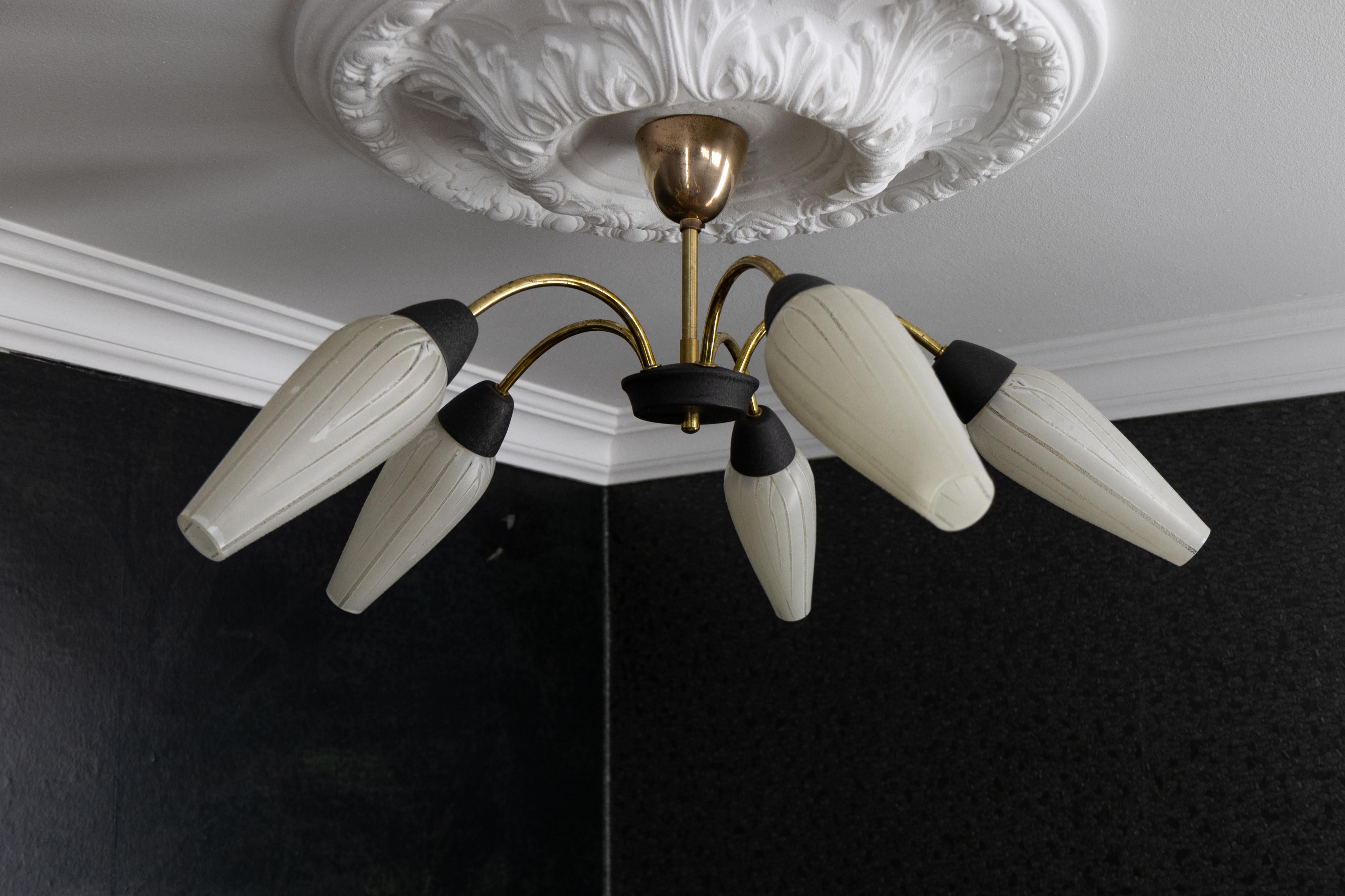 Mid-Century Modern German Sputnik Chandelier in Brass and White Glass, 1950s For Sale 10