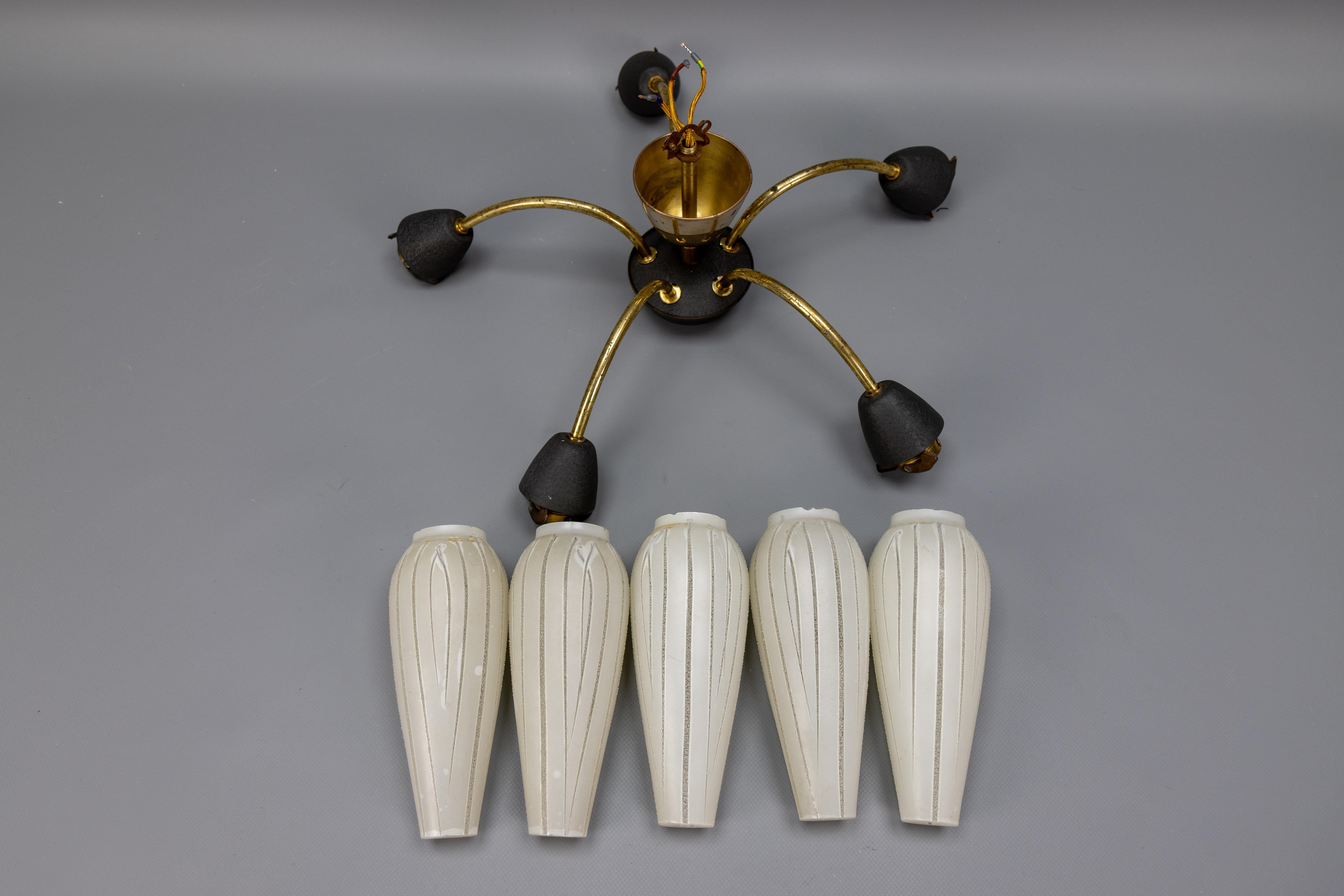 Mid-Century Modern German Sputnik Chandelier in Brass and White Glass, 1950s For Sale 15