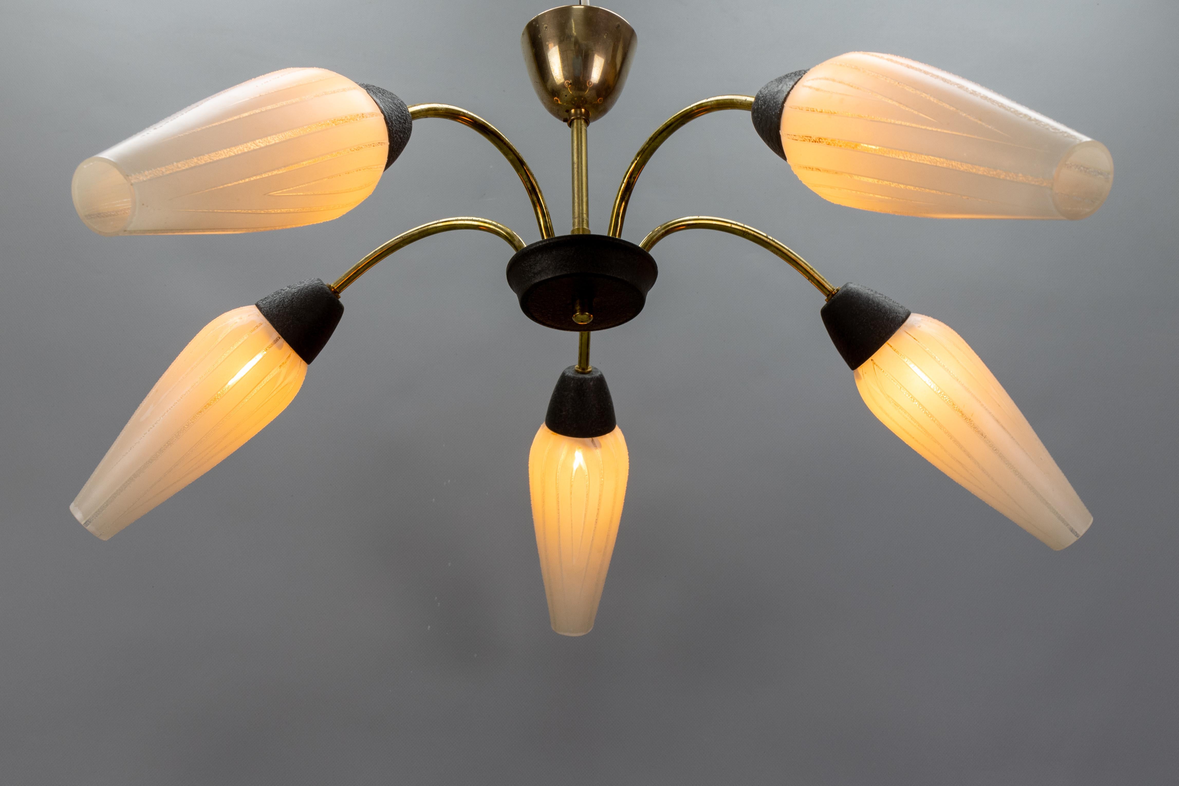 Mid-20th Century Mid-Century Modern German Sputnik Chandelier in Brass and White Glass, 1950s For Sale