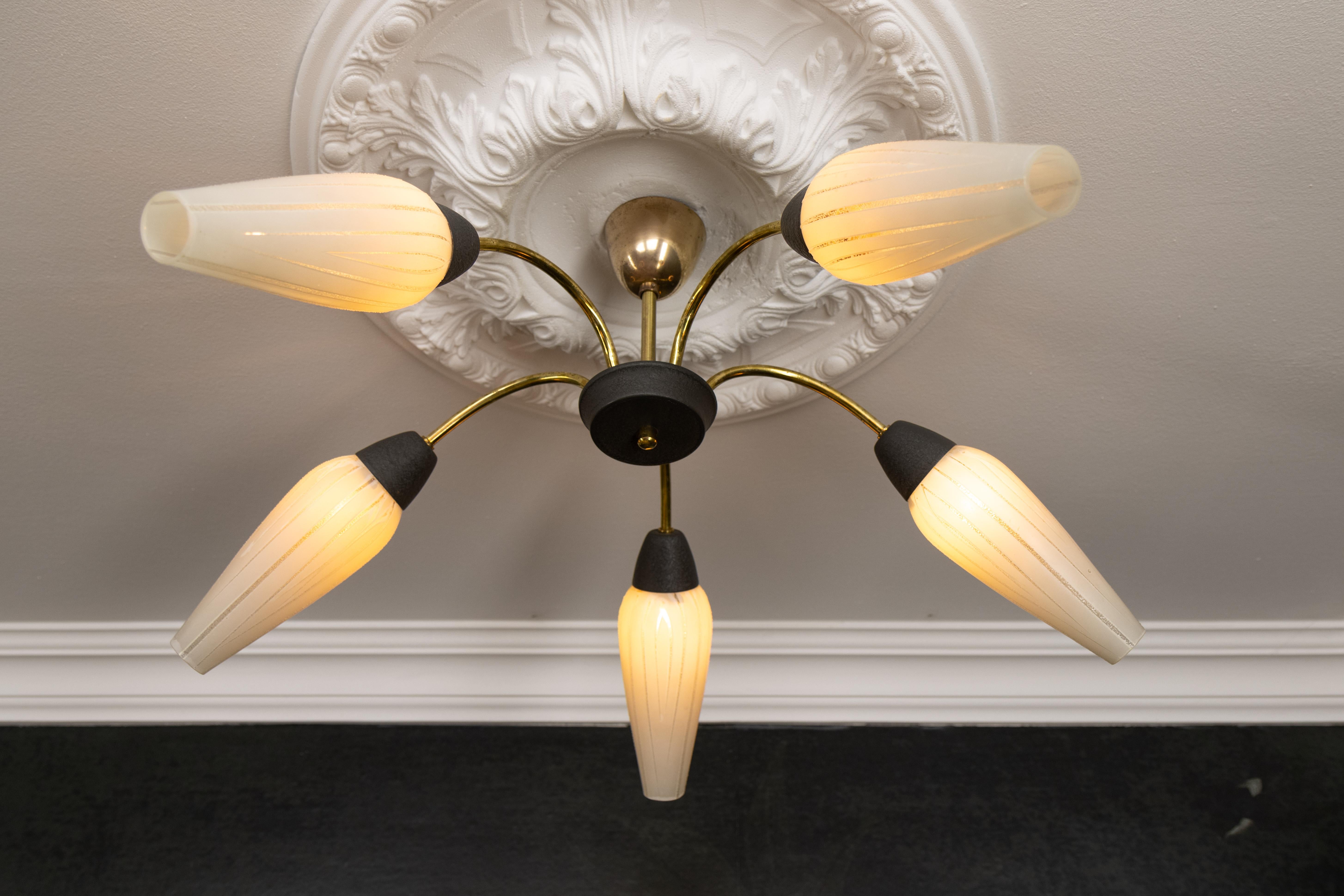 Mid-Century Modern German Sputnik Chandelier in Brass and White Glass, 1950s For Sale 1