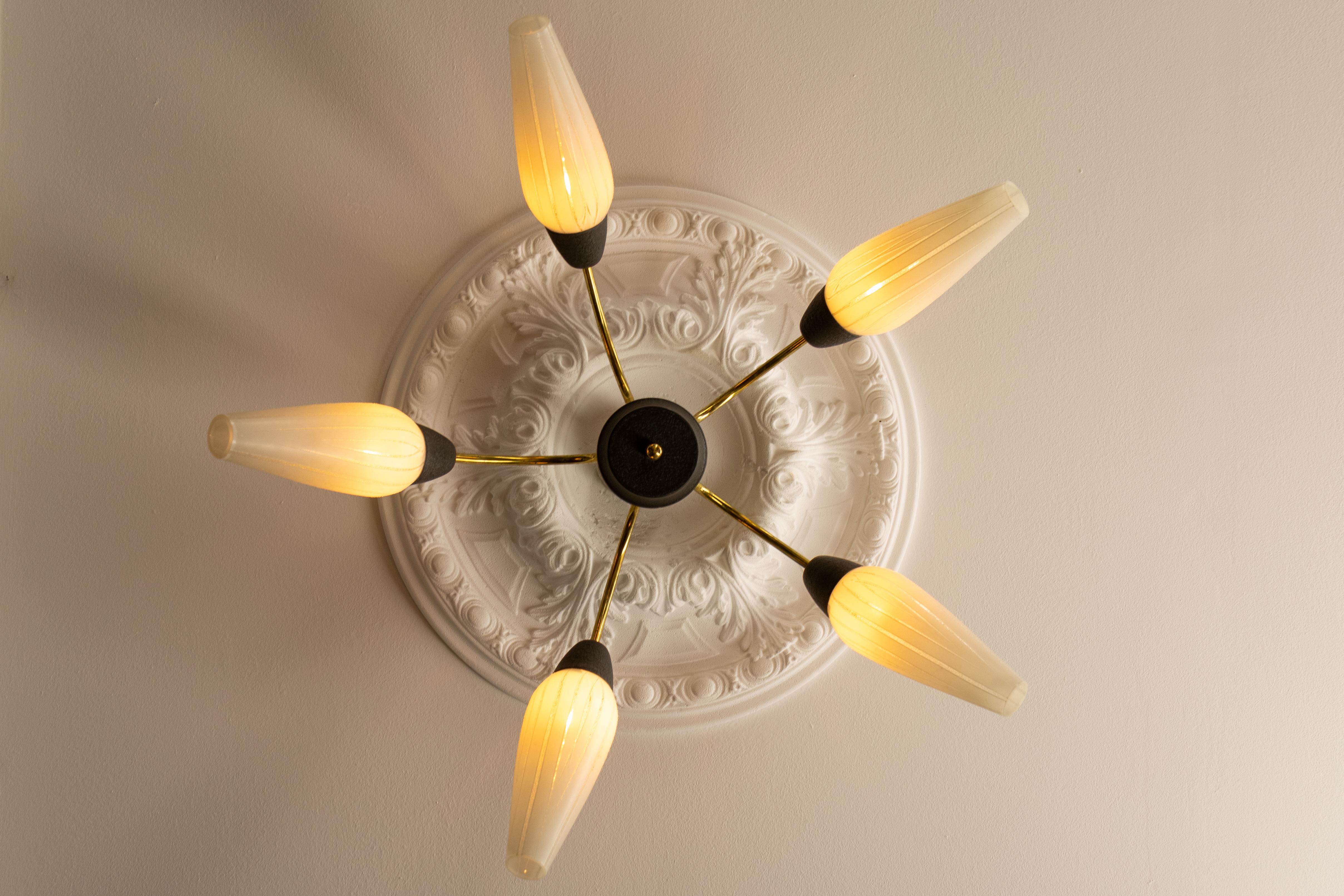Mid-Century Modern German Sputnik Chandelier in Brass and White Glass, 1950s For Sale 2