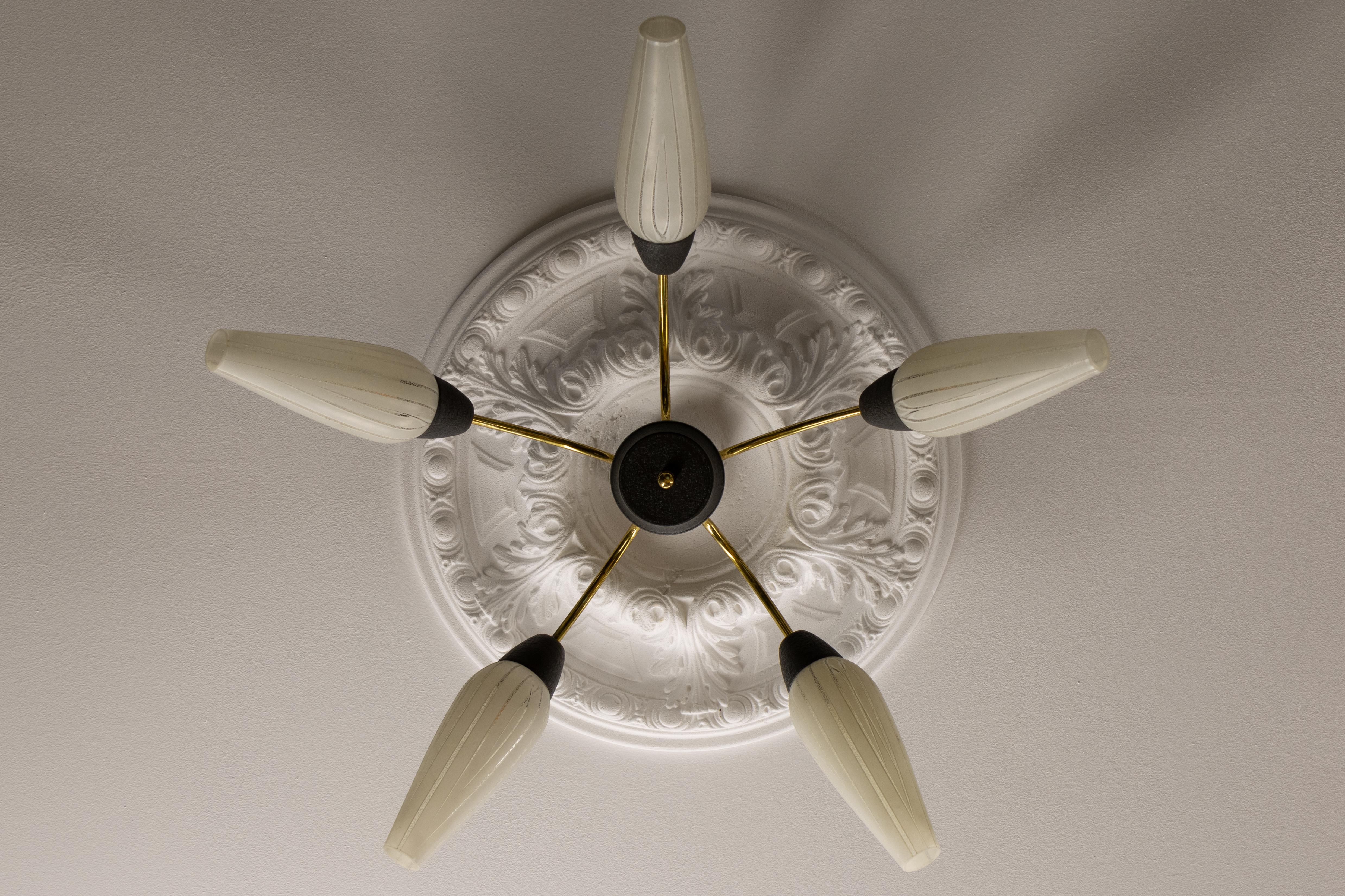 Mid-Century Modern German Sputnik Chandelier in Brass and White Glass, 1950s For Sale 3