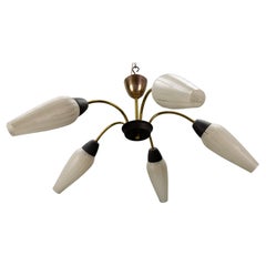Mid-Century Modern German Sputnik Chandelier in Brass and White Glass, 1950s