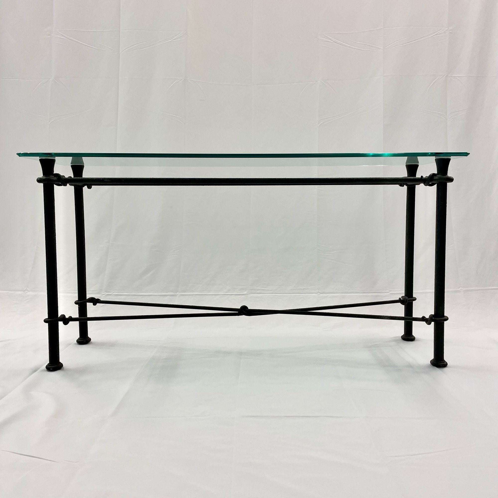 Mid-Century Modern Giacometti Style Console / Sofa Table, Wrought Iron Glass Top
 
Wrought Iron, Glass
U.S.A. 1990s
 
28h x 56w x 18d.