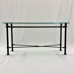 Mid-Century Modern Giacometti Style Console / Sofa Table, Wrought Iron Glass Top