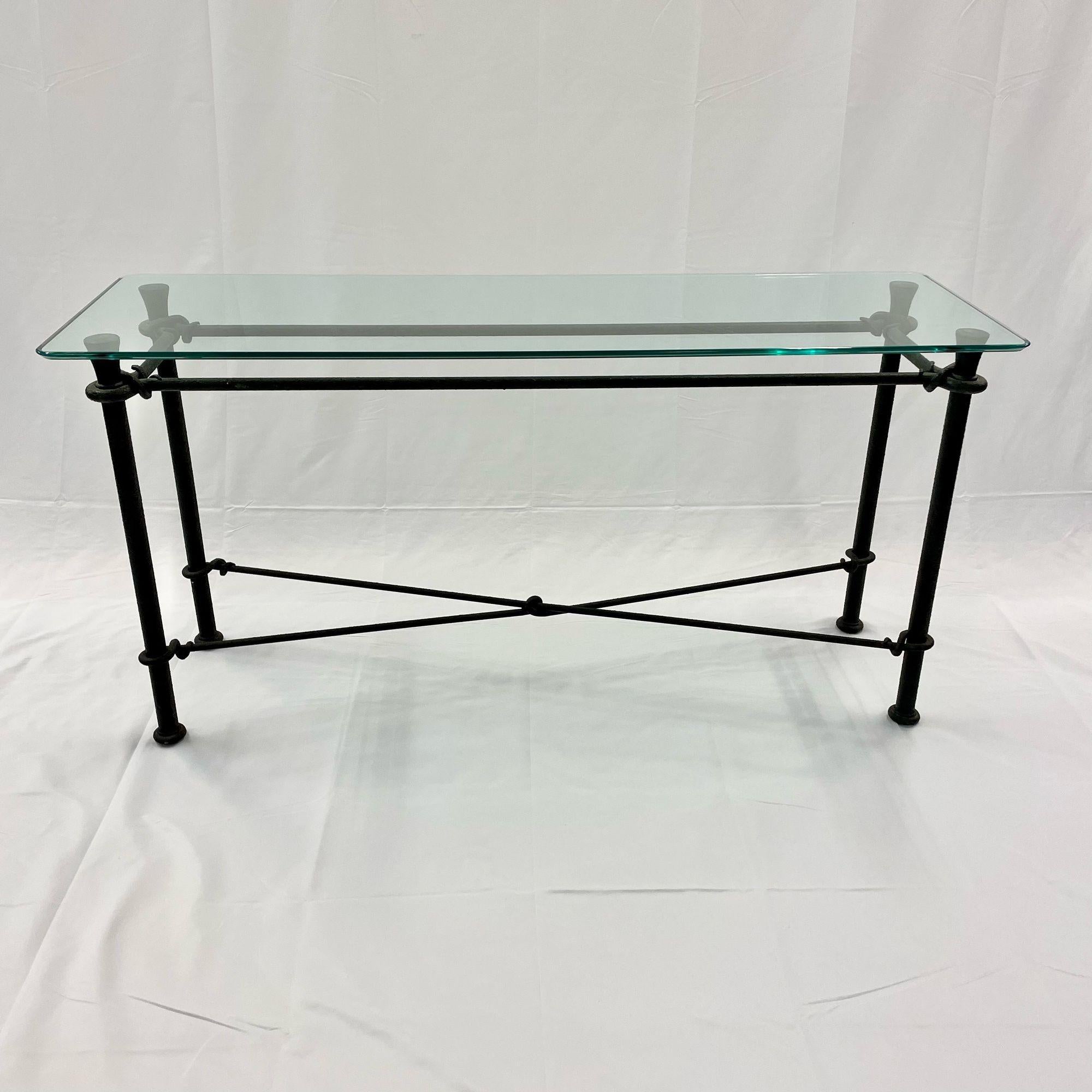 American Mid-Century Modern Giacometti Style Console / Sofa Table, Wrought Iron Glass Top