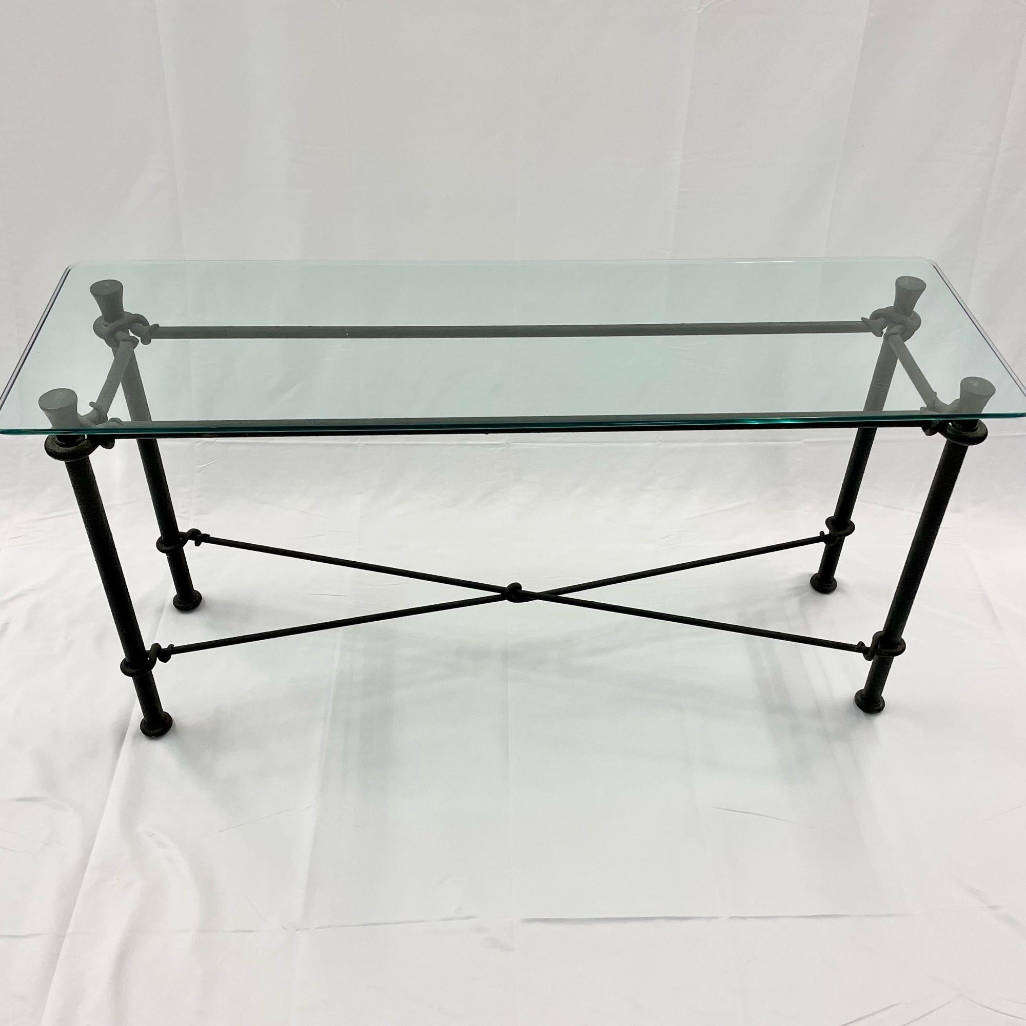 Mid-Century Modern Giacometti Style Console / Sofa Table, Wrought Iron Glass Top In Good Condition In Stamford, CT