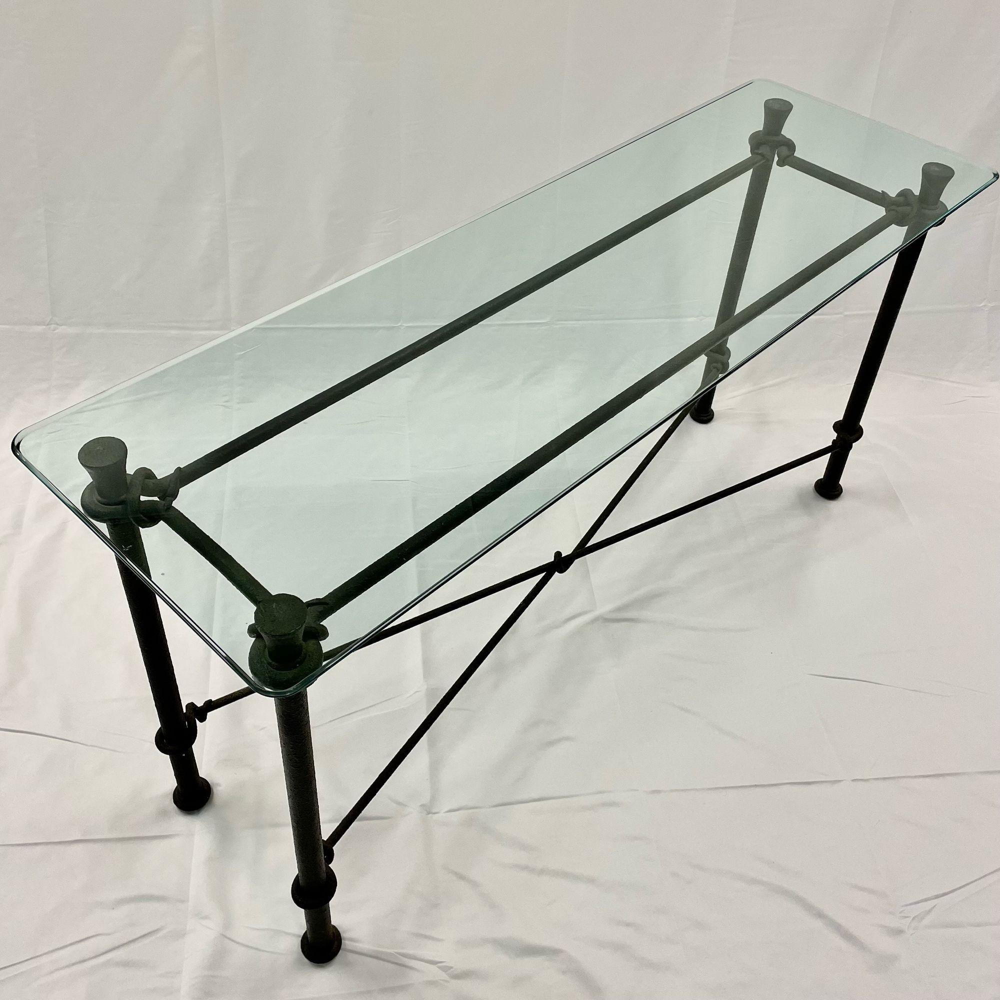 Late 20th Century Mid-Century Modern Giacometti Style Console / Sofa Table, Wrought Iron Glass Top