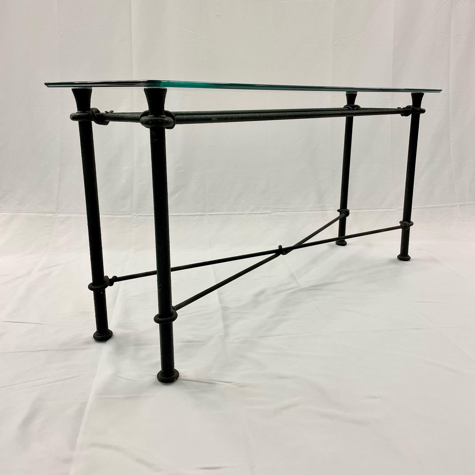 Mid-Century Modern Giacometti Style Console / Sofa Table, Wrought Iron Glass Top 1