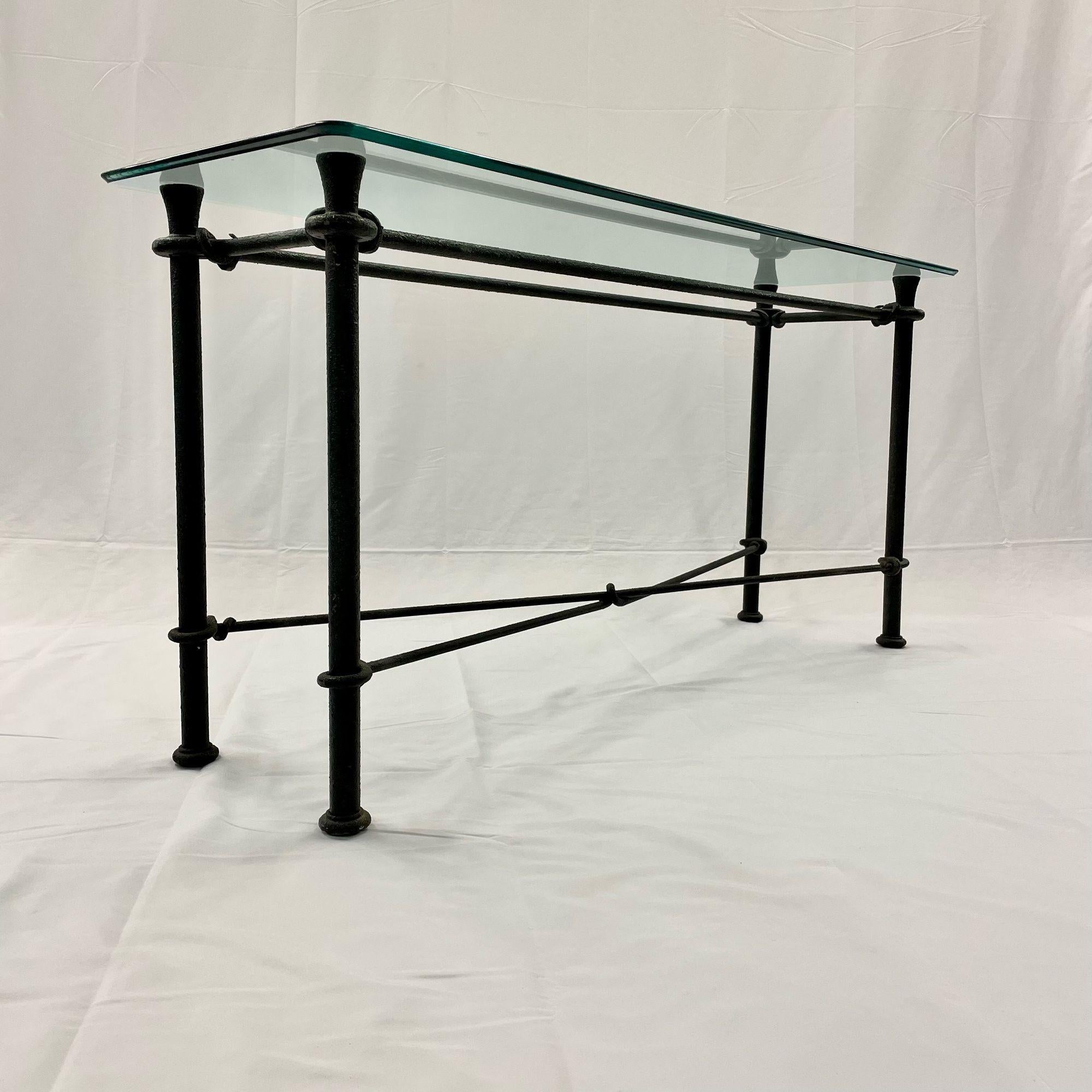 Mid-Century Modern Giacometti Style Console / Sofa Table, Wrought Iron Glass Top 2