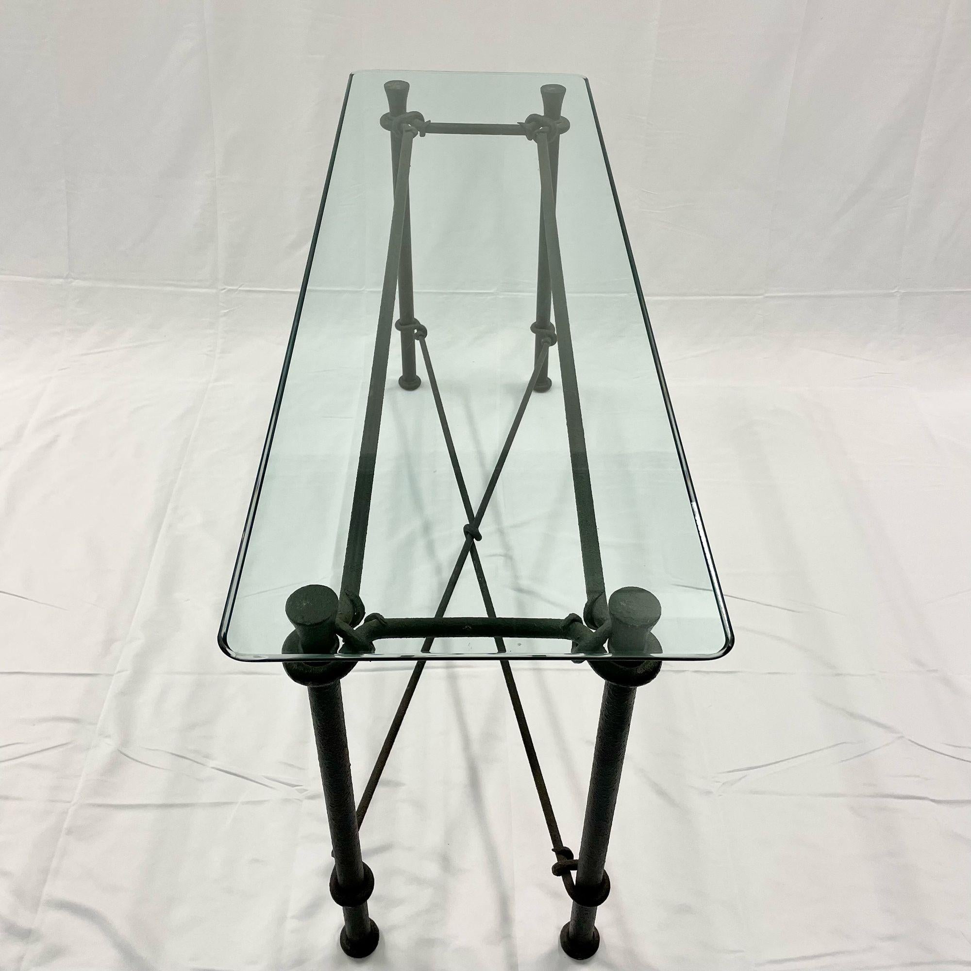 Mid-Century Modern Giacometti Style Console / Sofa Table, Wrought Iron Glass Top 4