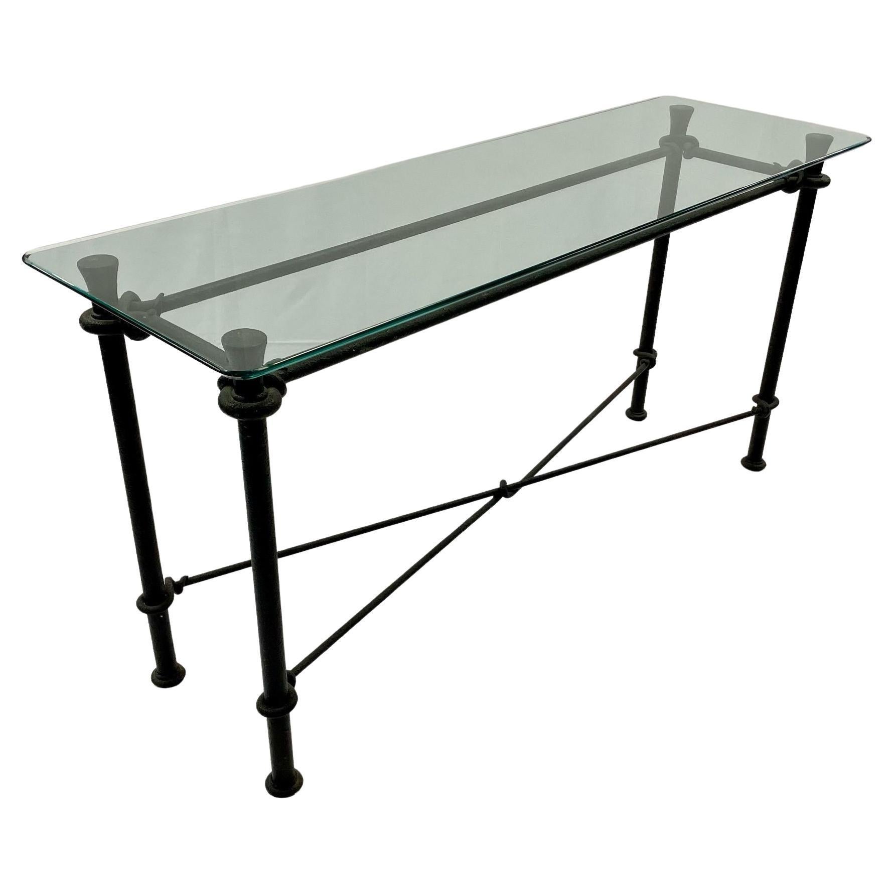 Mid-Century Modern Giacometti Style Console / Sofa Table, Wrought Iron Glass Top
