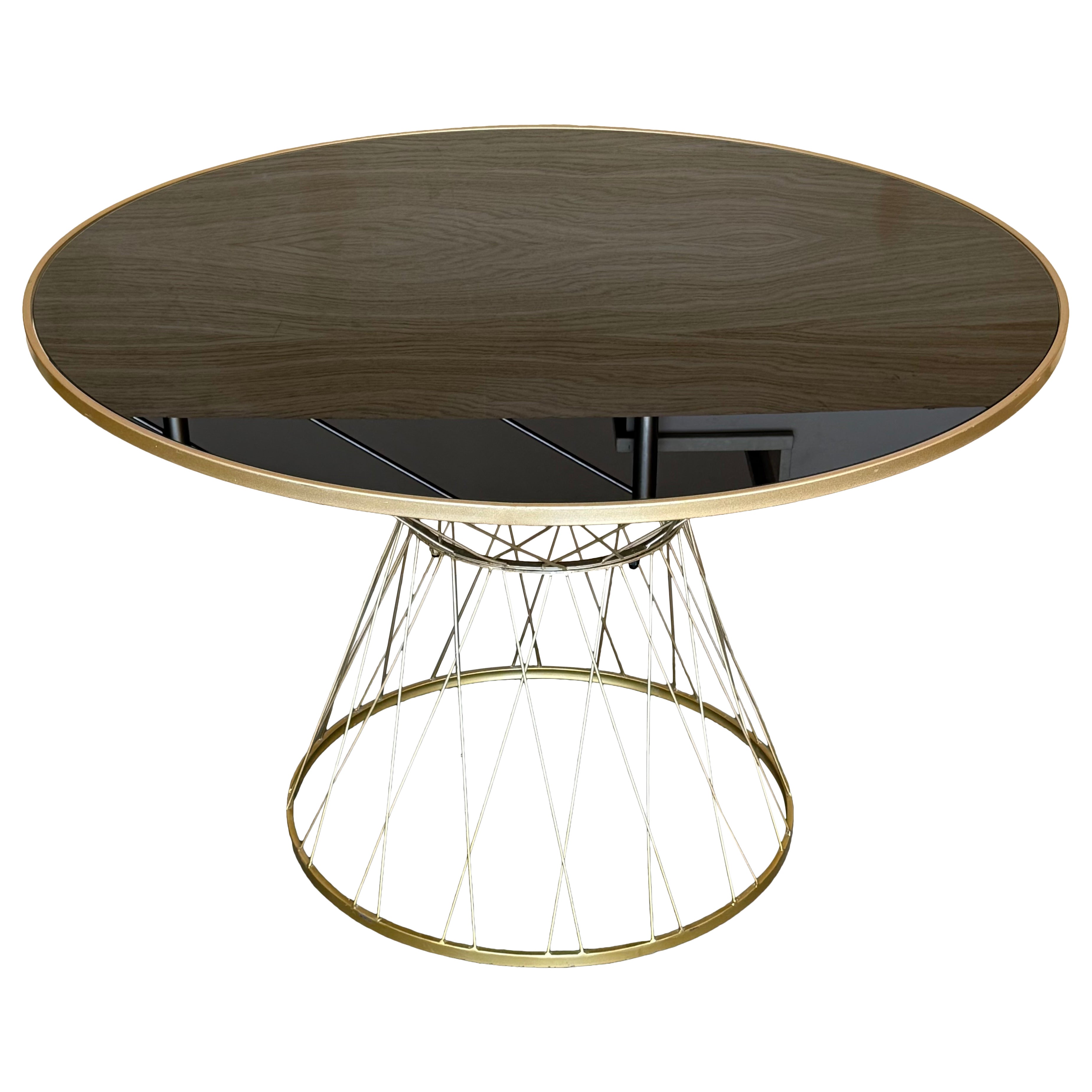 Mid Century Modern Gilded Allure Style Round Dining Table with Black Glass For Sale