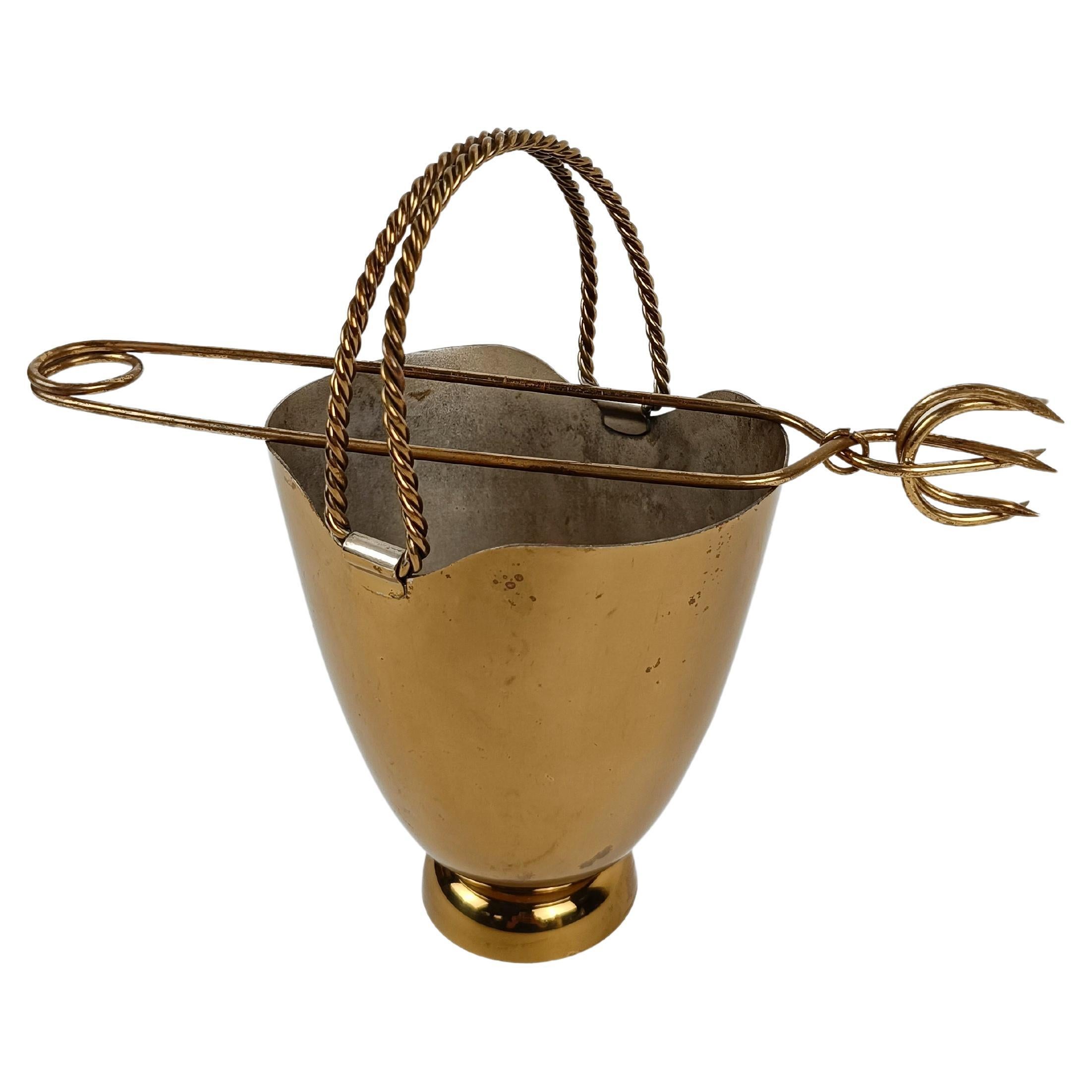 Mid Century Modern gilded ice bucket with tong, Italy 1950s