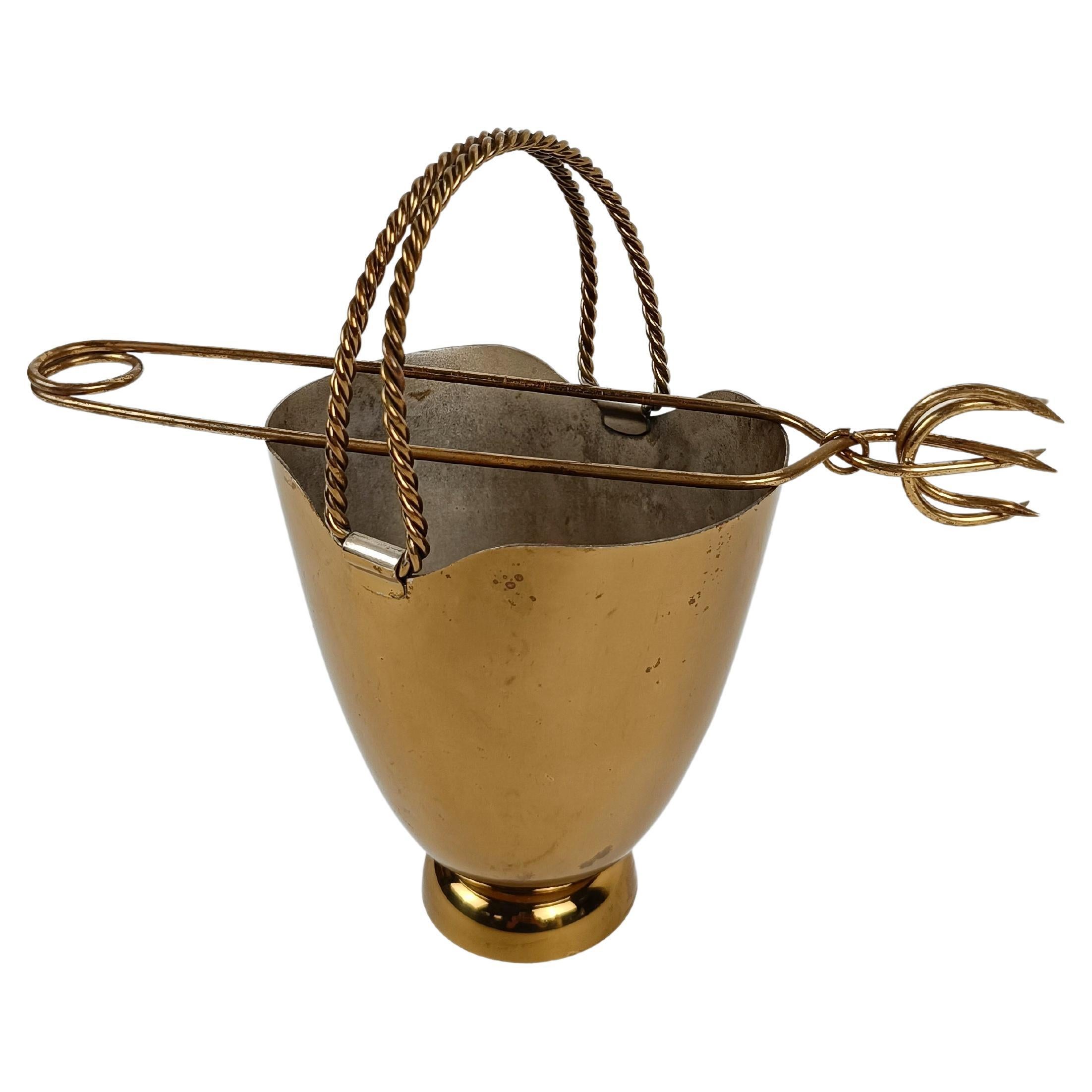  Mid Century Modern gilded ice bucket with tong, Italy 1950s