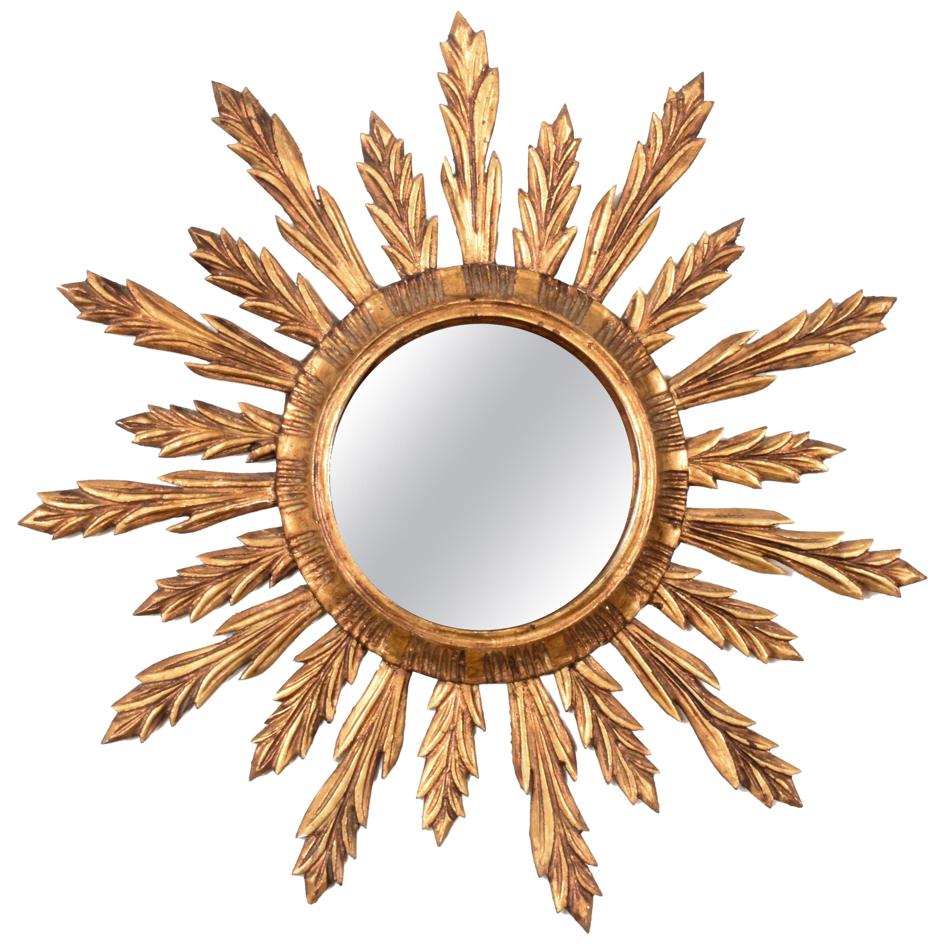 Mid-Century Modern Gilded Wood French Sunburst Wall Mirror, 1950s For Sale