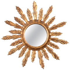 Vintage Mid-Century Modern Gilded Wood French Sunburst Wall Mirror, 1950s