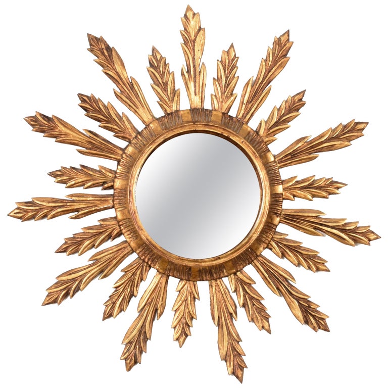 Mid-Century Modern Gilded Wood French Sunburst Wall Mirror, 1950s For Sale