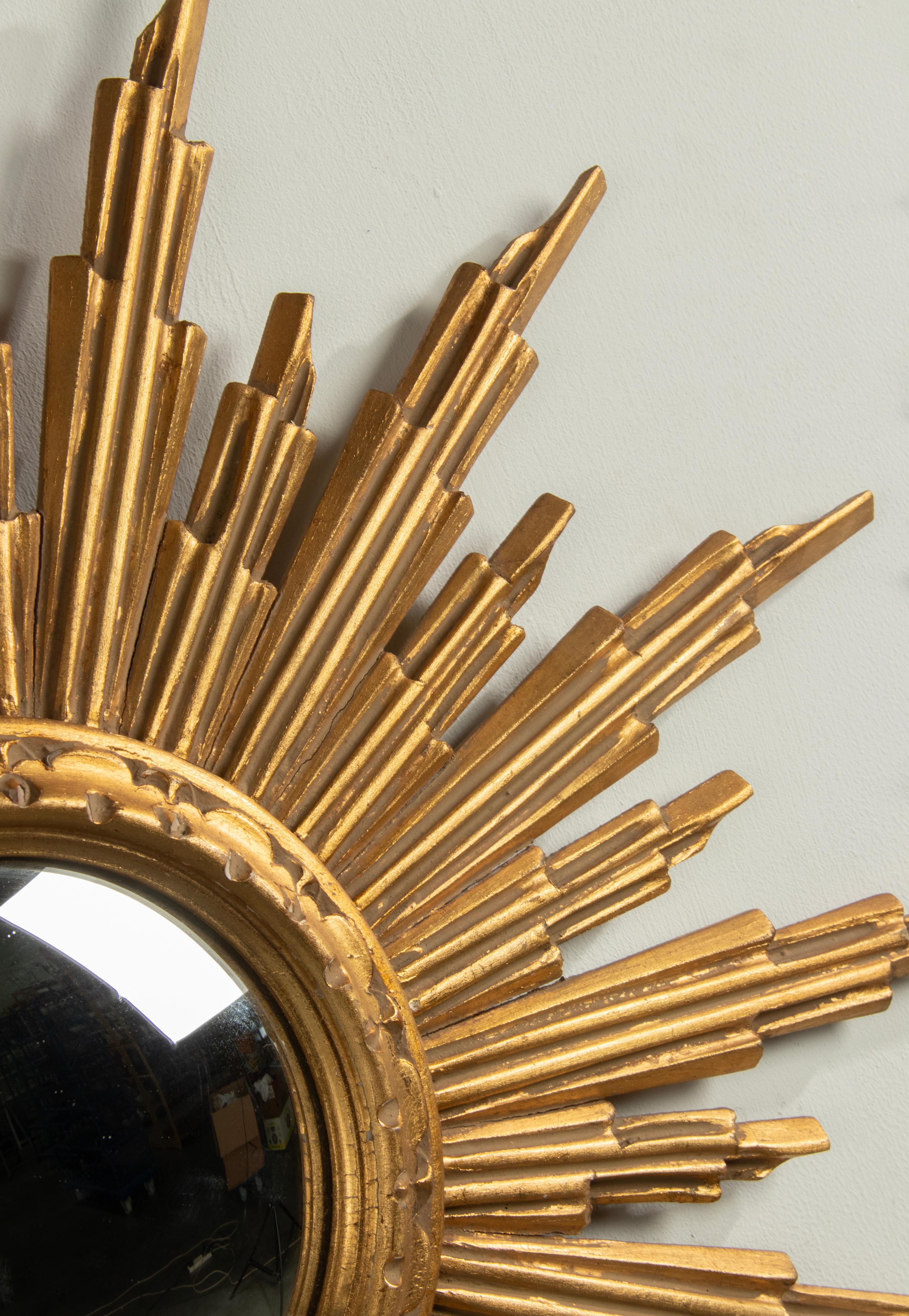 Mid-Century Modern Gilded Wooden Carved Convex Sunburst Mirror  For Sale 6