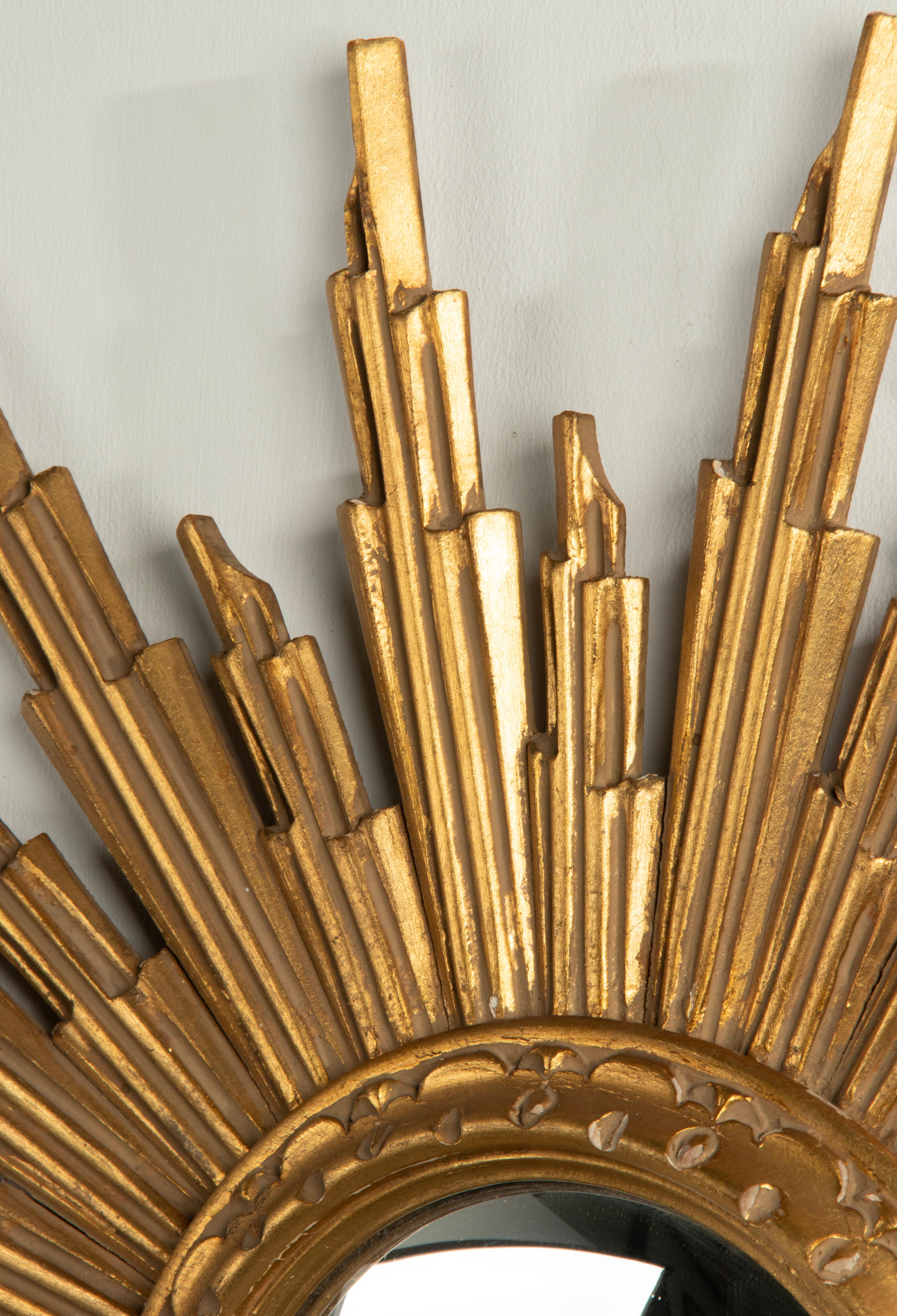 Mid-20th Century Mid-Century Modern Gilded Wooden Carved Convex Sunburst Mirror  For Sale