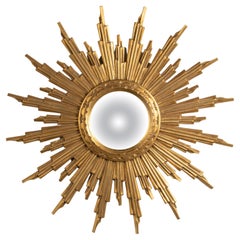 The Moderns Modern Gilded Wooden Carved Convex Sunburst Mirror (miroir ensoleillé convexe en bois doré)