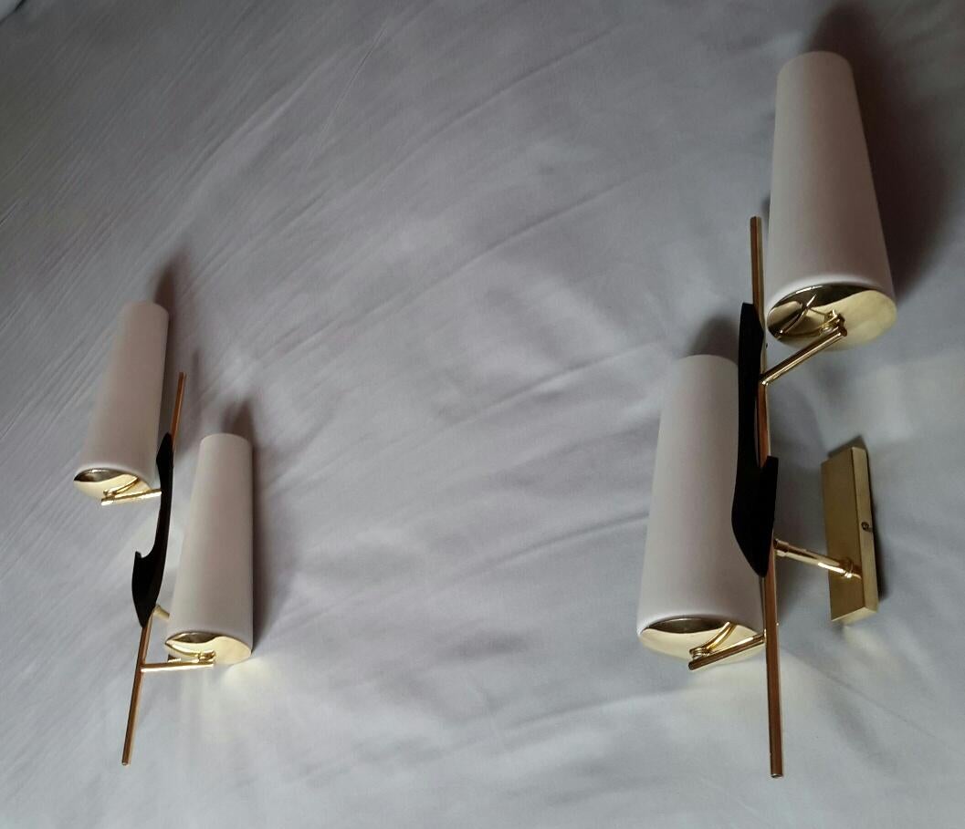 French Mid-Century Modern Gilt Brass Doubleday Sconces, Maison Lunel, France, 1950 For Sale