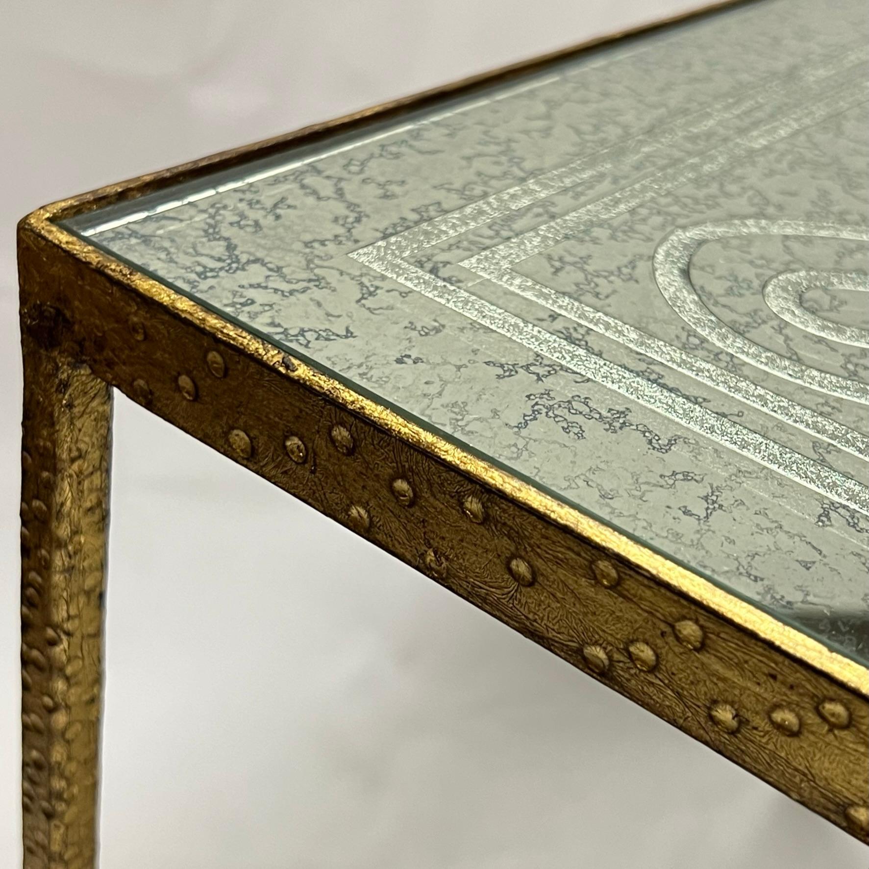 Mid-Century Modern Gilt Bronze Coffee Table with Engraved Glass Top For Sale 7
