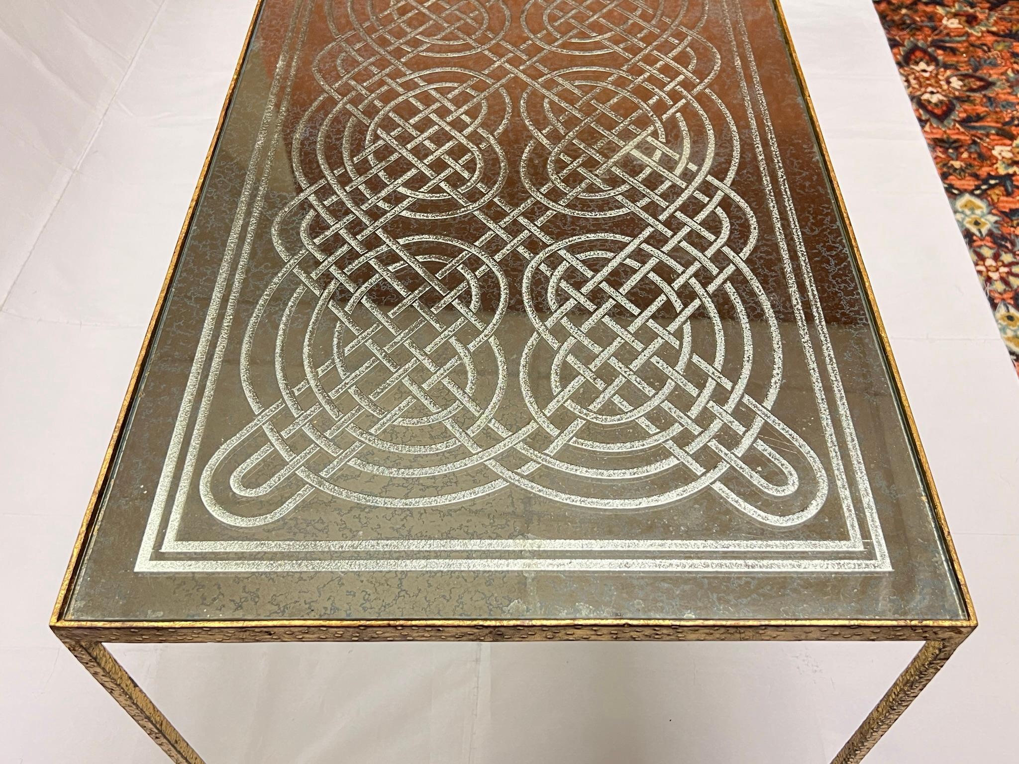 Mid-Century Modern Gilt Bronze Coffee Table with Engraved Glass Top For Sale 8