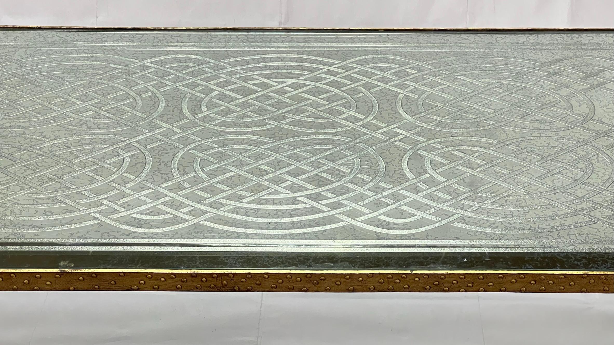 Unknown Mid-Century Modern Gilt Bronze Coffee Table with Engraved Glass Top For Sale