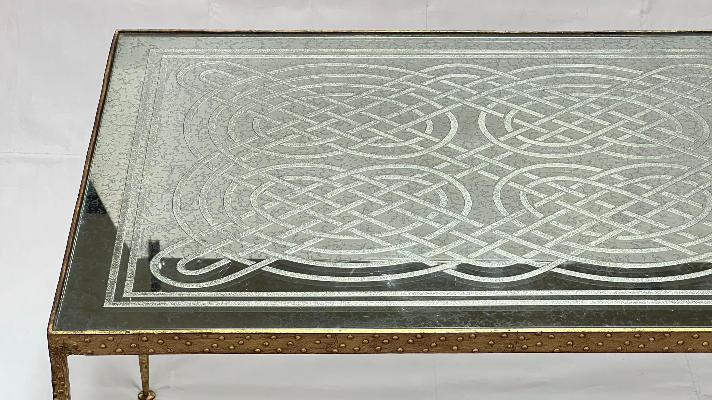 Late 20th Century Mid-Century Modern Gilt Bronze Coffee Table with Engraved Glass Top For Sale