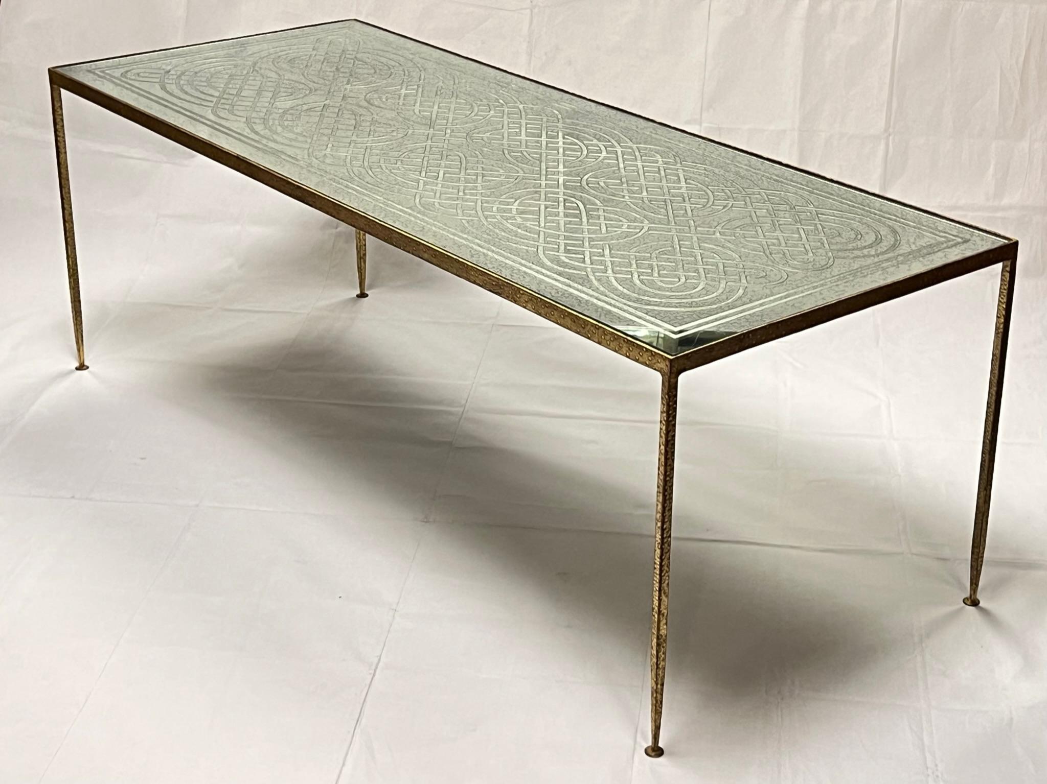Mid-Century Modern Gilt Bronze Coffee Table with Engraved Glass Top For Sale 1