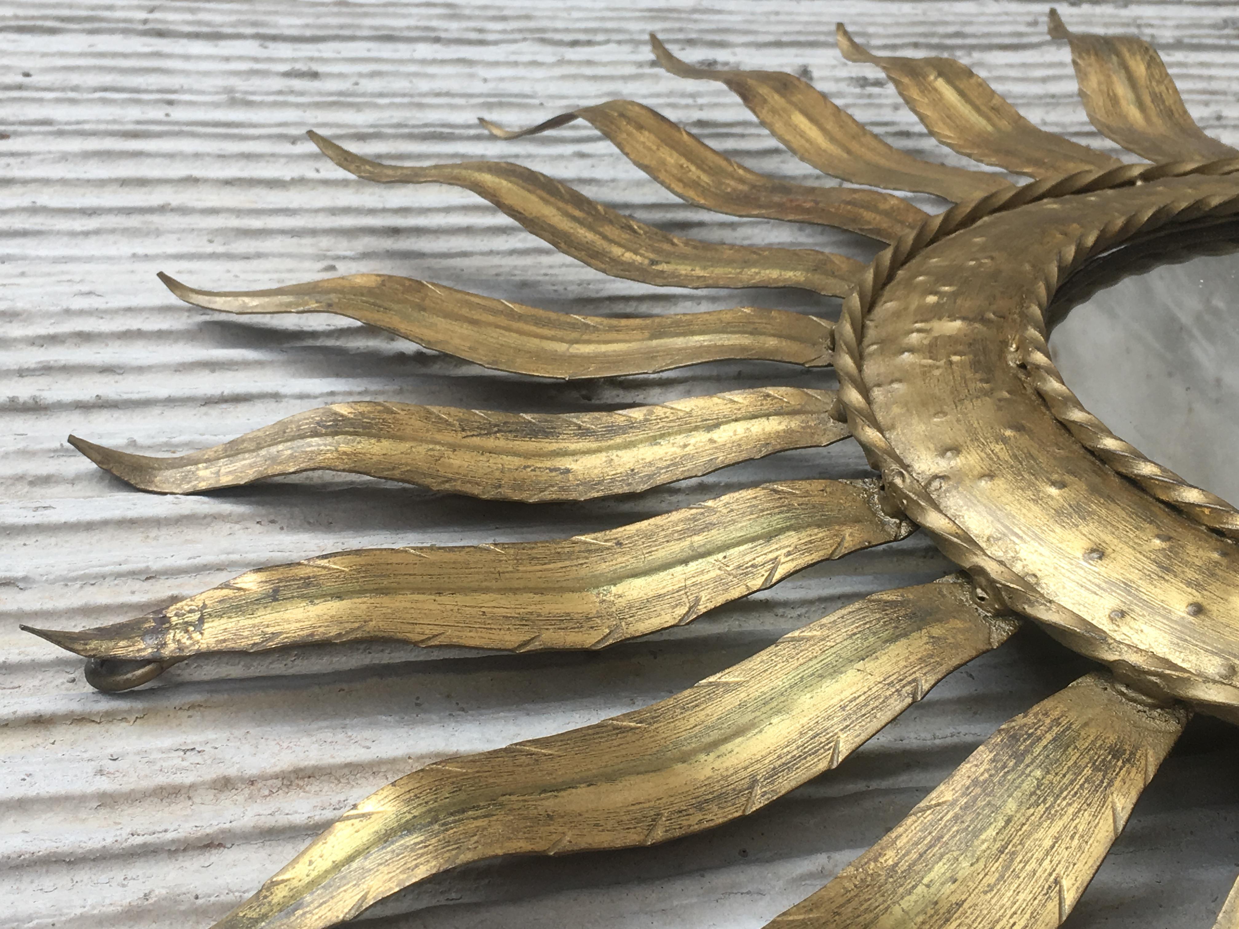 Mid-Century Modern Gilt Iron Layered Leafed Flower Shaped Sunburst Mirror In Good Condition In Miami, FL